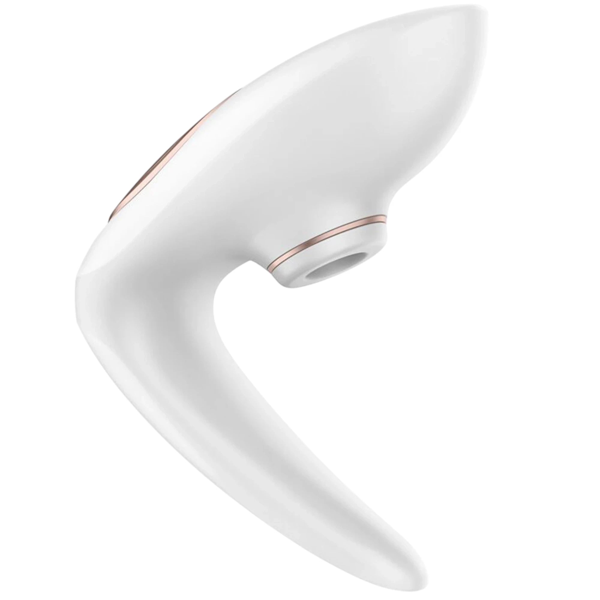 The Satisfyer Pro 4 couple’s vibrator in white with a curved C-shaped design and a rounded central motor section with a small circular opening, shown on a plain white background