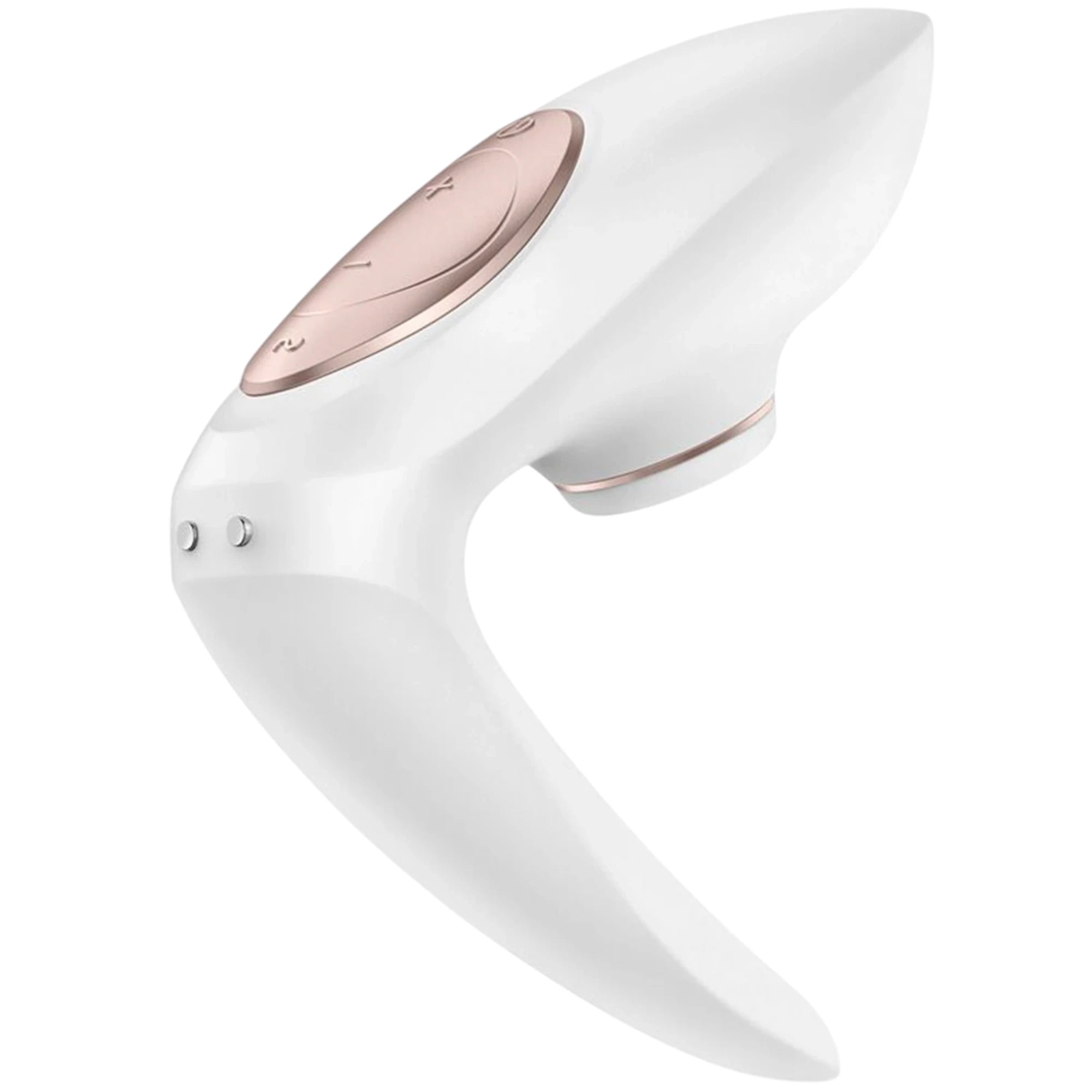 The Satisfyer Pro 4 couple’s vibrator in white with a curved C-shaped design, a rose gold control panel on top, and a rounded central motor section, shown on a plain white background