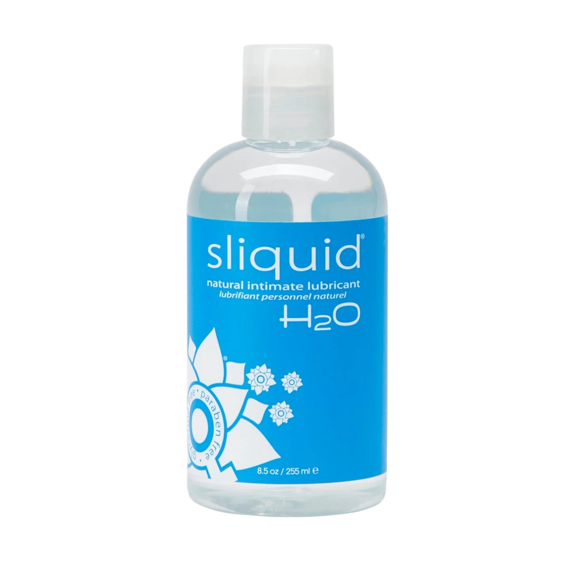 The Sliquid H2O Original Water-Based Lubricant 255ml bottle with clear liquid, a clear flip-top cap, and a blue label with white ‘sliquid’ branding, shown on a plain white background