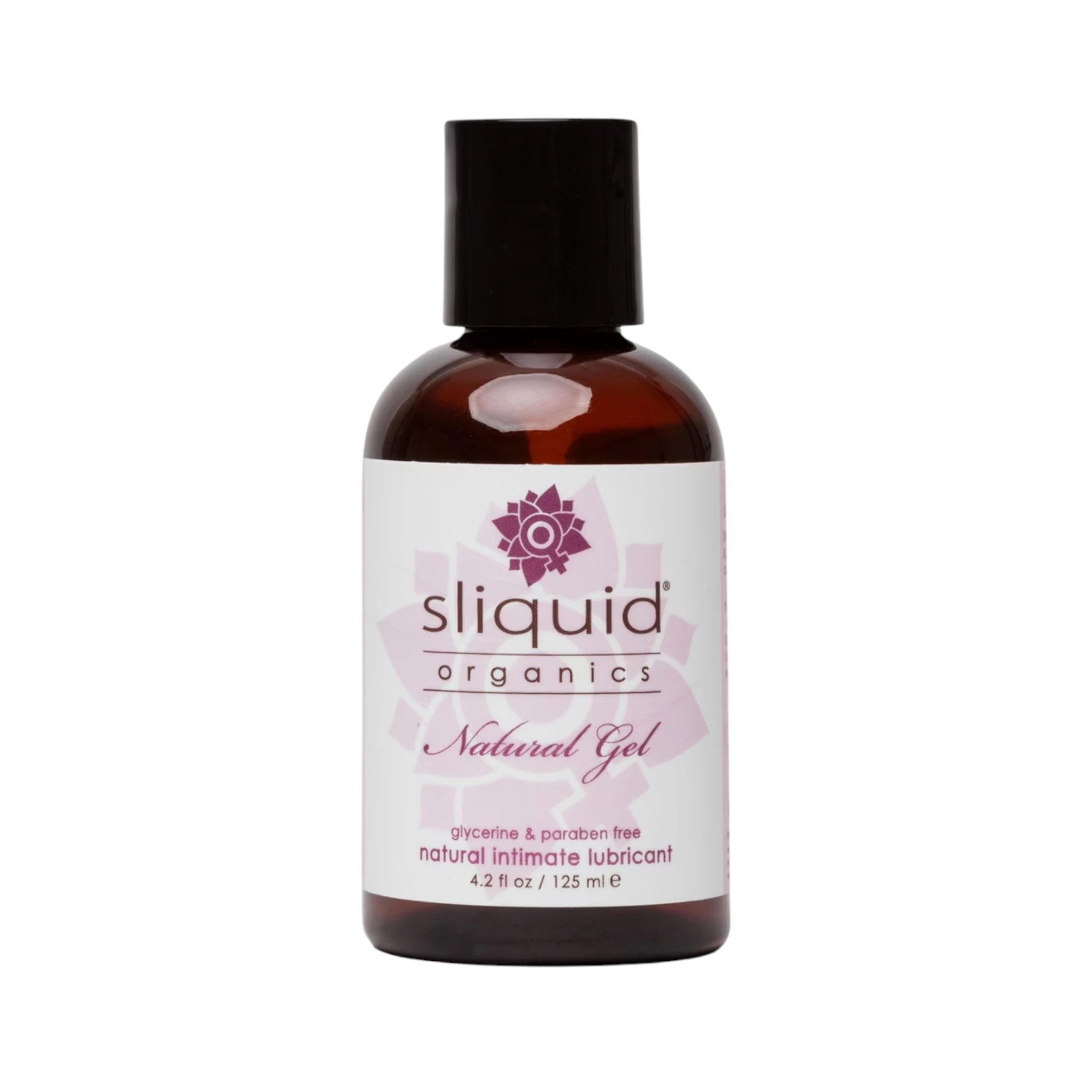 The Sliquid Organics Natural Gel Lubricant 125ml bottle with amber liquid, a black screw cap, and a white label with purple ‘sliquid organics’ branding, shown on a plain white background