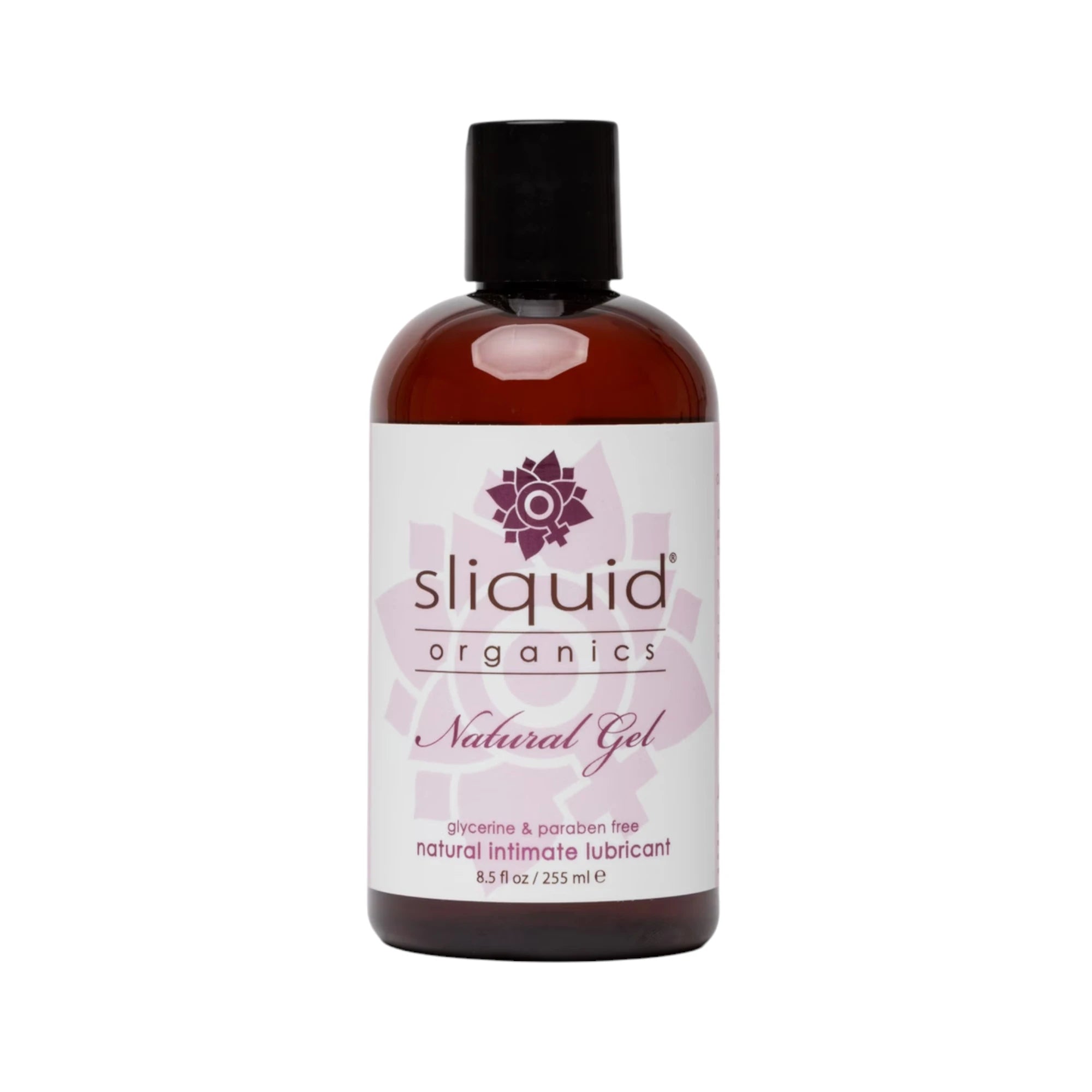 The Sliquid Organics Natural Gel Lubricant 255ml bottle with amber liquid, a black screw cap, and a white label with purple ‘sliquid organics’ branding, shown on a plain white background