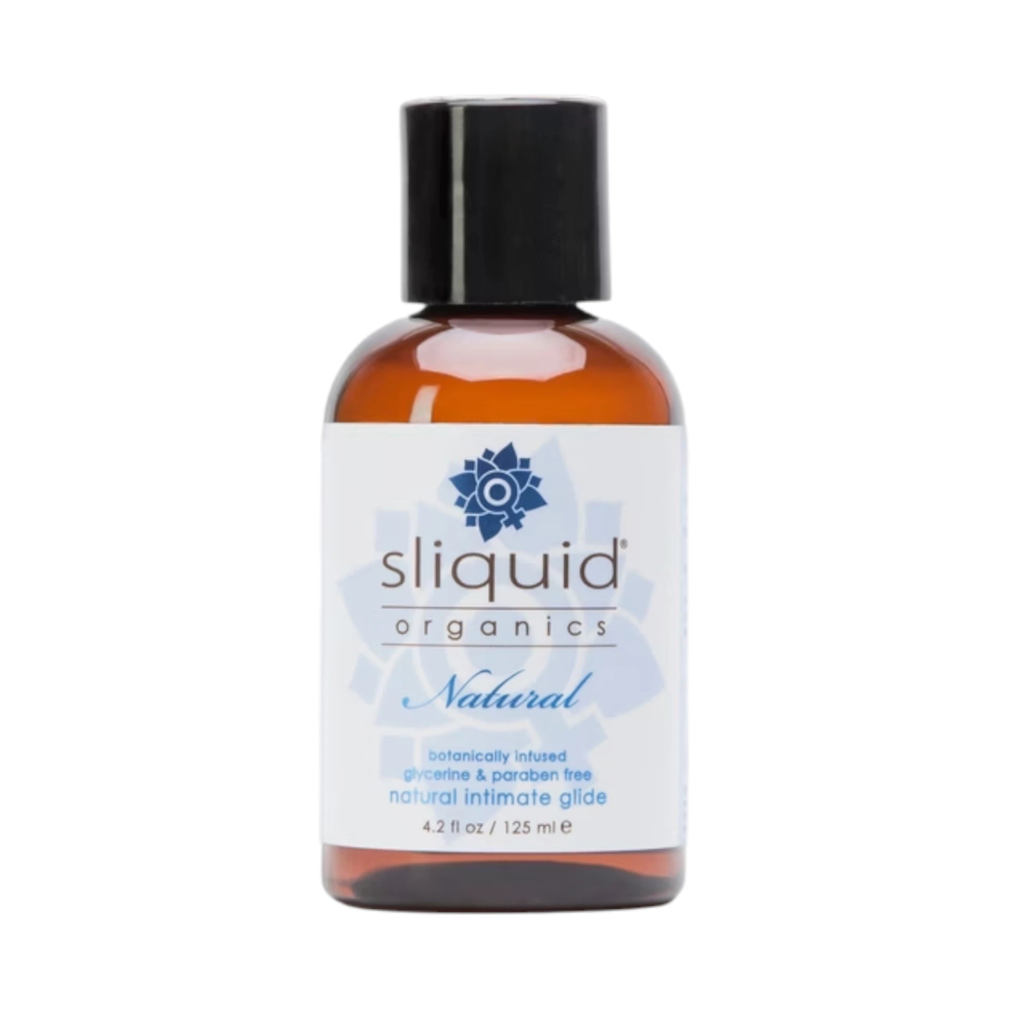 The Sliquid Organics Natural Lubricant 125ml bottle with amber liquid, a black screw cap, and a white label with blue ‘sliquid organics’ branding, shown on a plain white background