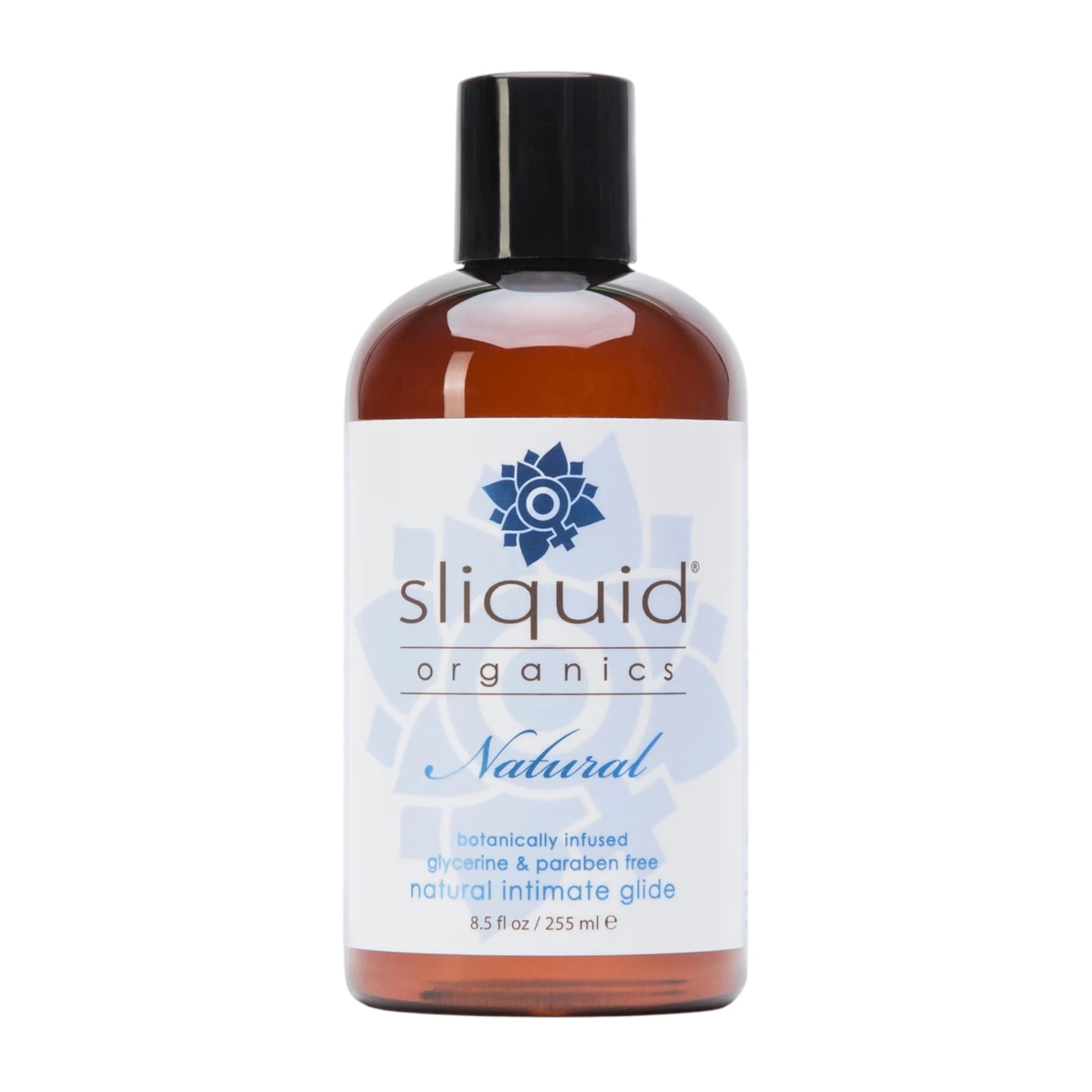 The Sliquid Organics Natural Lubricant 255ml bottle with amber liquid, a black screw cap, and a white label with blue ‘sliquid organics’ branding, shown on a plain white background