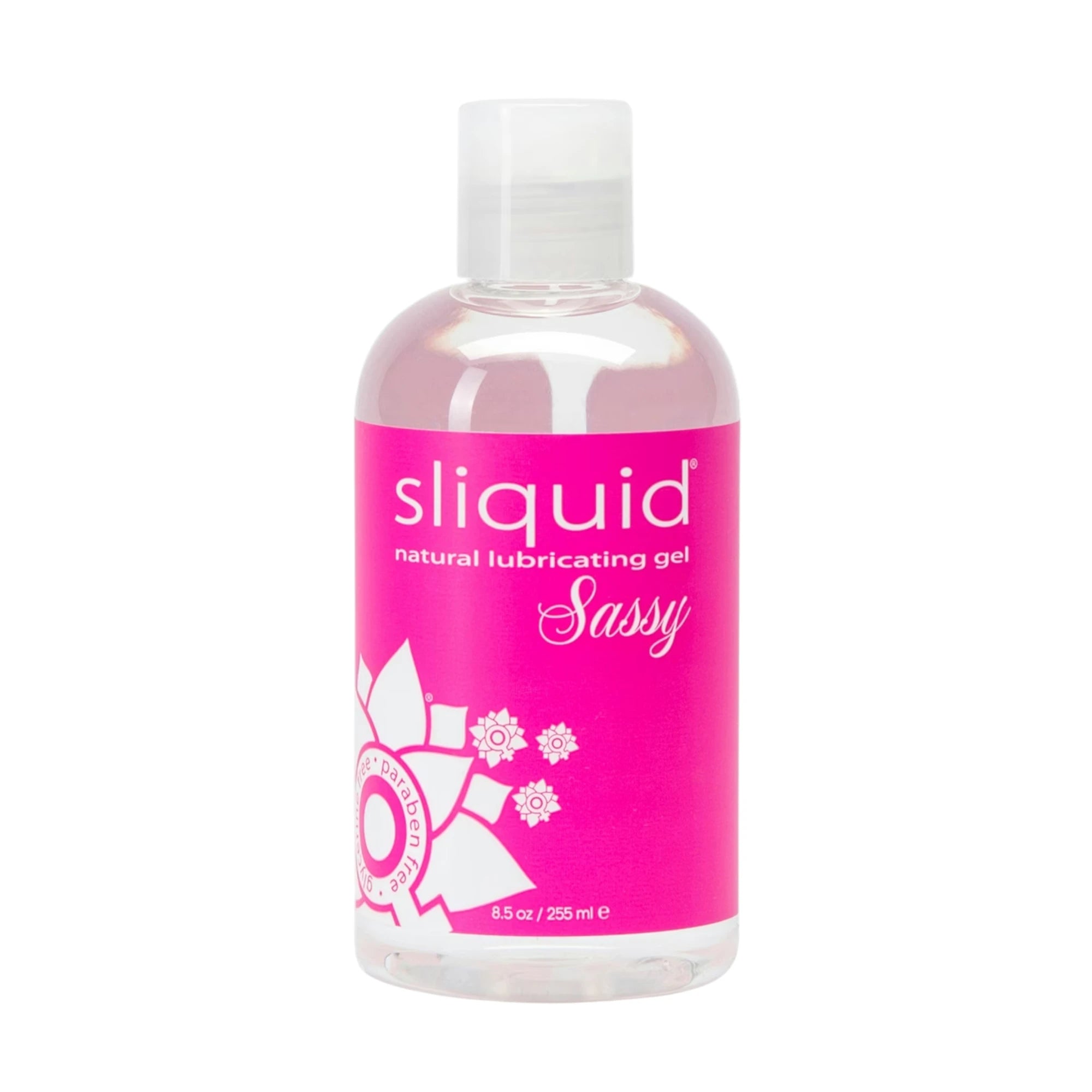 The Sliquid Sassy Water-Based Anal Lubricant 255ml bottle with clear liquid, a clear flip-top cap, and a bright pink label with white ‘sliquid’ branding, shown on a plain white background