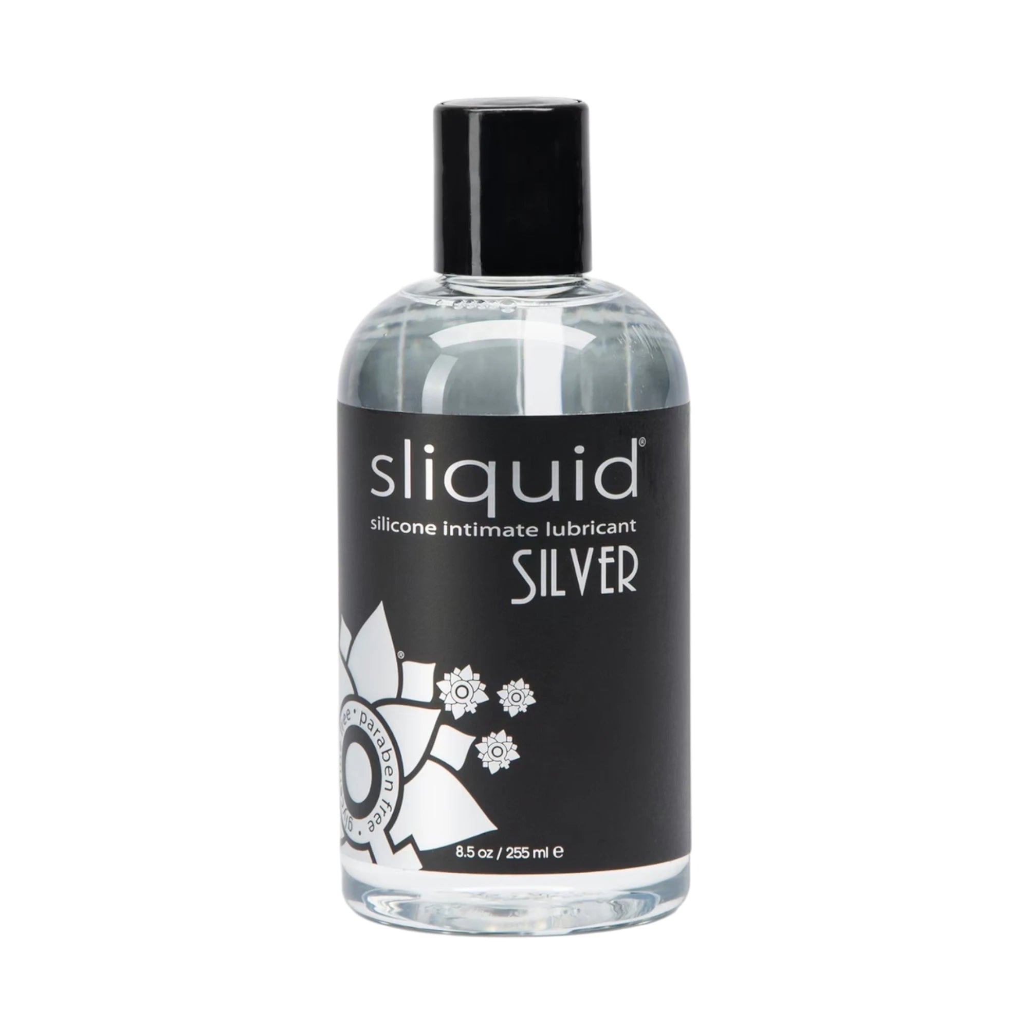 The Sliquid Silver Luxury Silicone Lubricant 255ml bottle with clear liquid, a black screw cap, and a black label with white ‘sliquid’ branding, shown on a plain white background