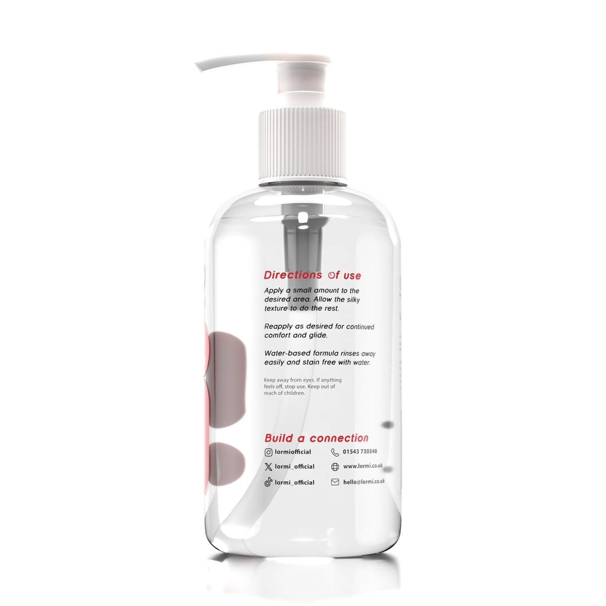 Close-up of the label on the Lormi Loob Original Water Based Lube 250ml pump bottle showing Original, Water Based, Stain Free, Toy Safe and Fragrance Free callouts, on a plain white background