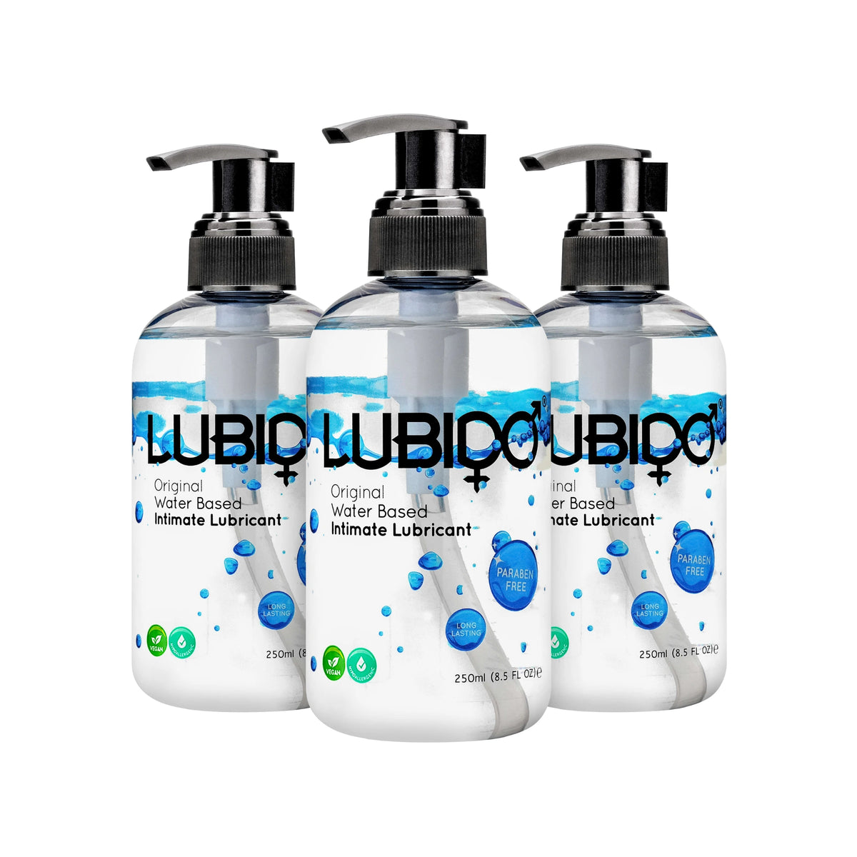 3 X Lubido Original water-based intimate lubricant 250ml pump bottles shown from front displaying clear gel formula, black pump dispenser, Lubido branding, 'Original Water Based Intimate Lubricant' label, 'Paraben Free' and 'Long Lasting' badges, vegan and cruelty-free icons against white background