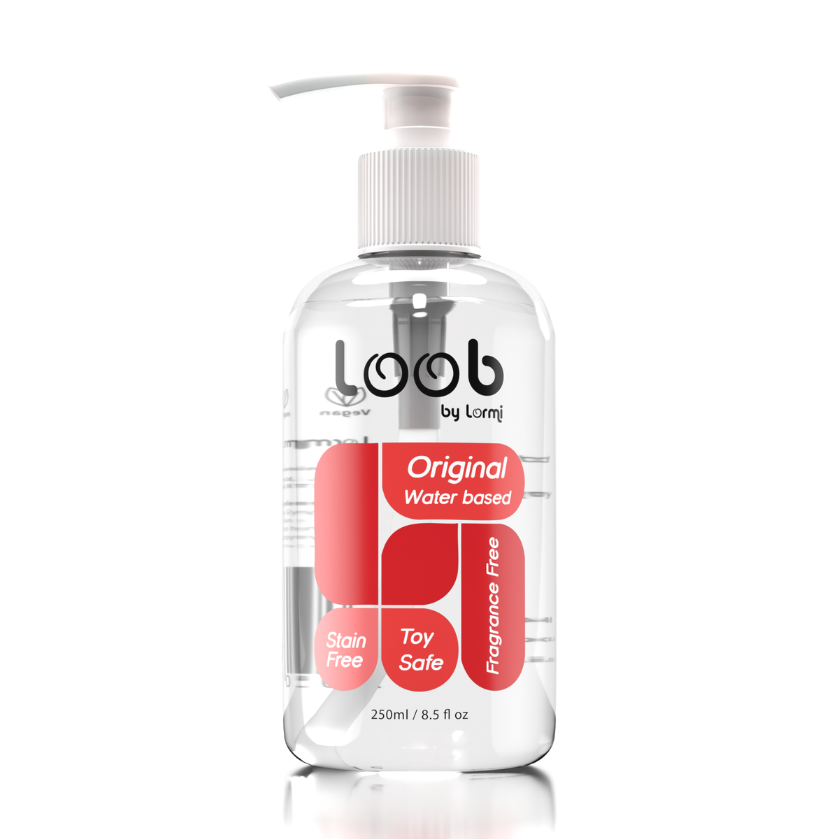 Lormi Loob Original Water Based Lube 250ml pump bottle, clear with a red and white label reading Original, Water Based, Stain Free, Toy Safe and Fragrance Free, shown on a plain white background