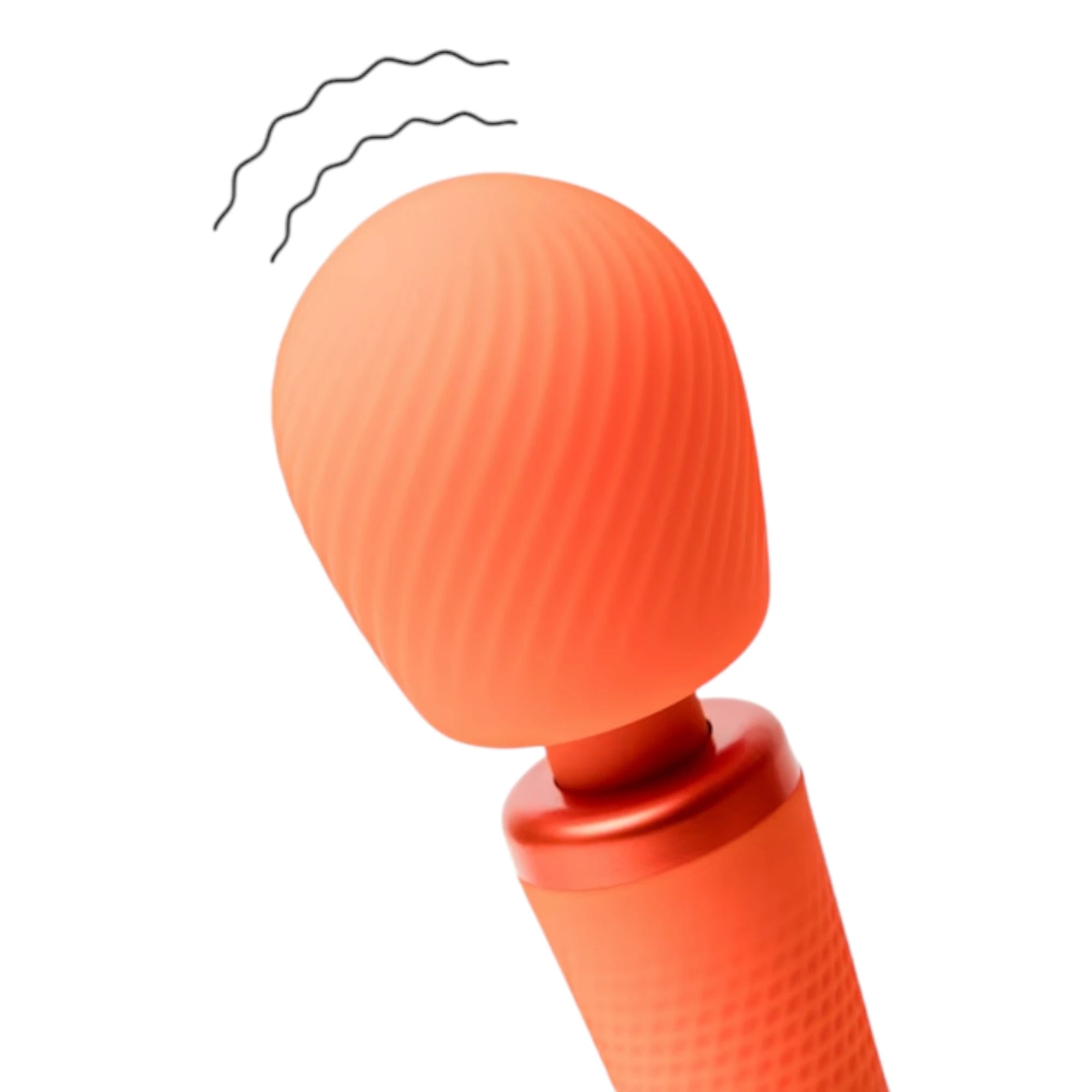 Fun Factory VIM extra quiet wand massager in coral orange silicone shown from above displaying rounded textured head with vibration effect lines against white background