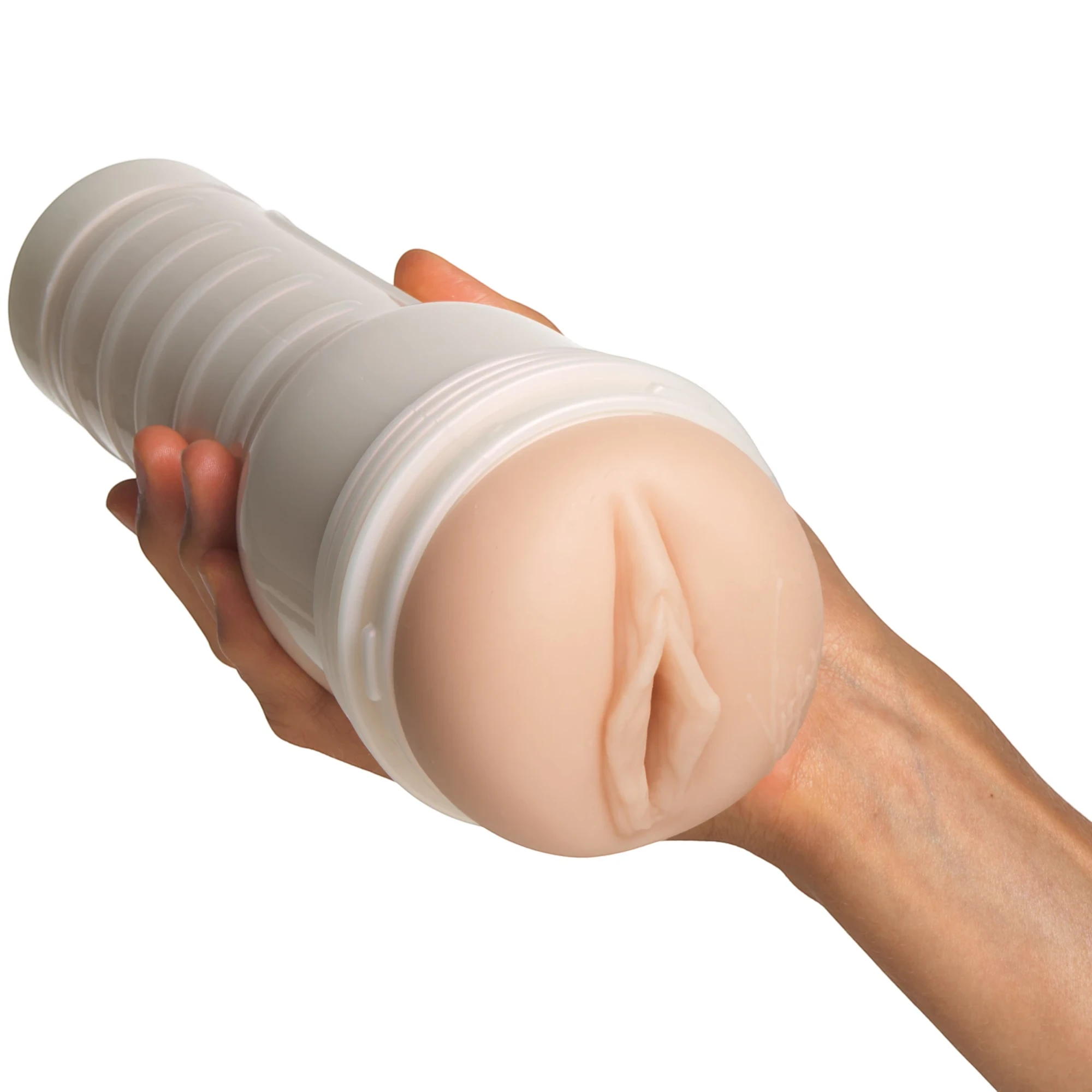 Fleshlight Violet Myers Waifu Texture stroker toy held in hand displaying white cylindrical body with textured internal sleeve visible against white background