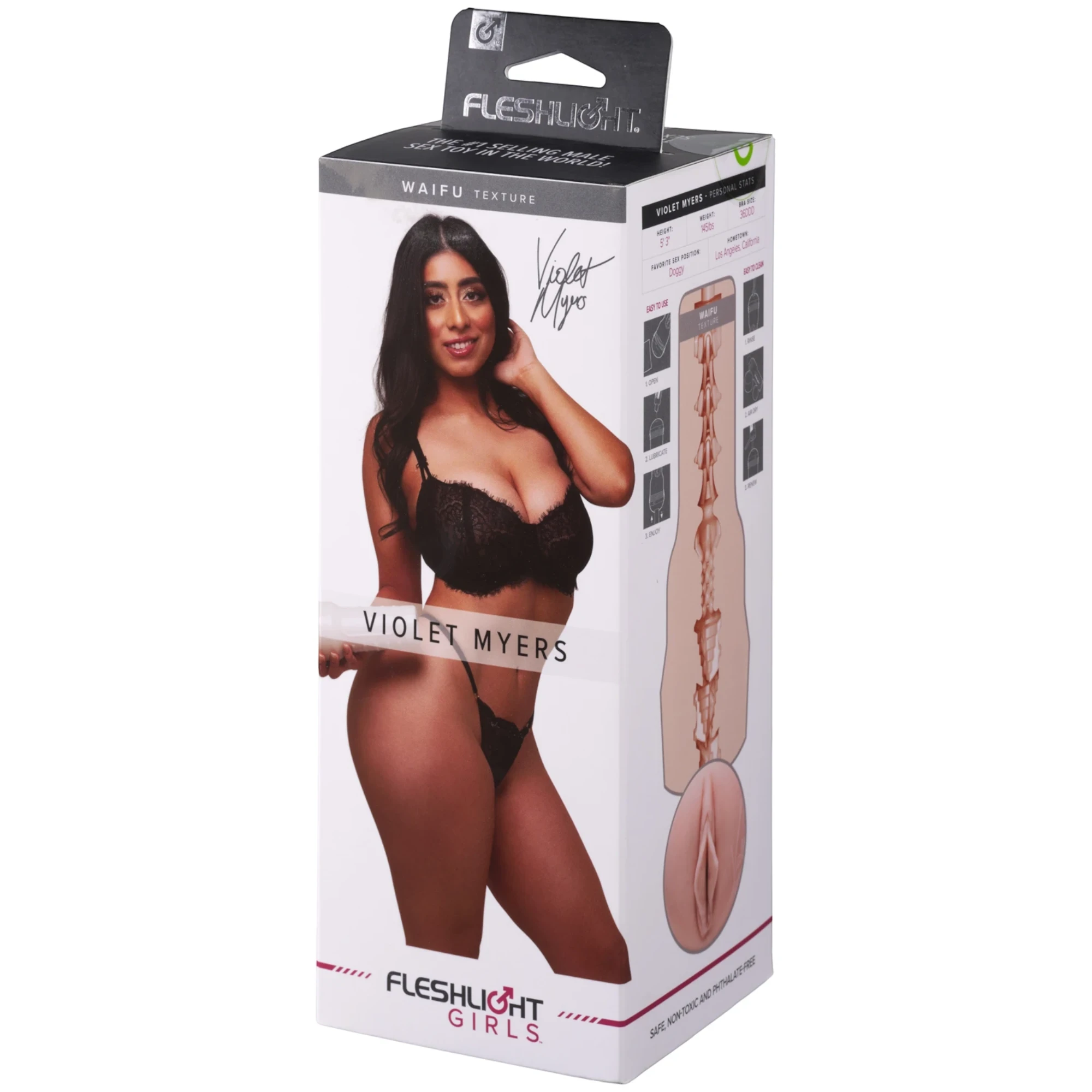 Fleshlight Girls Violet Myers Waifu Texture packaging box with black header, white body featuring Violet Myers portrait and signature, product texture details on right side, and Fleshlight branding against white background