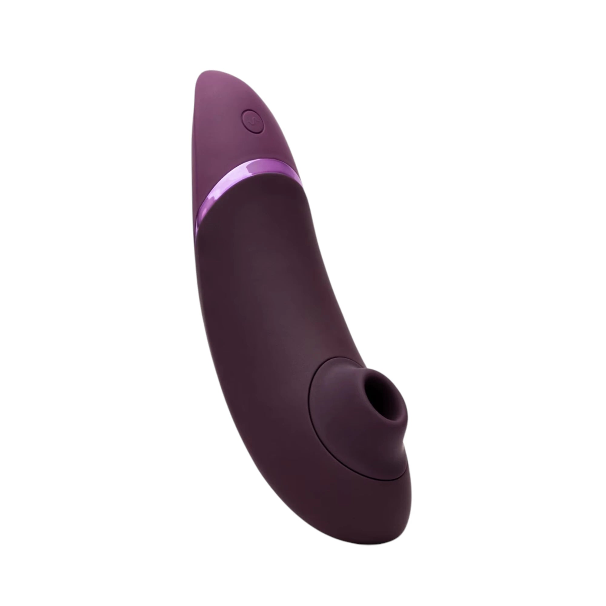 Womanizer Next clitoral suction stimulator in purple, shown at an angled side view with a curved ergonomic body, metallic accent band and the suction nozzle opening visible at the tip against a white background