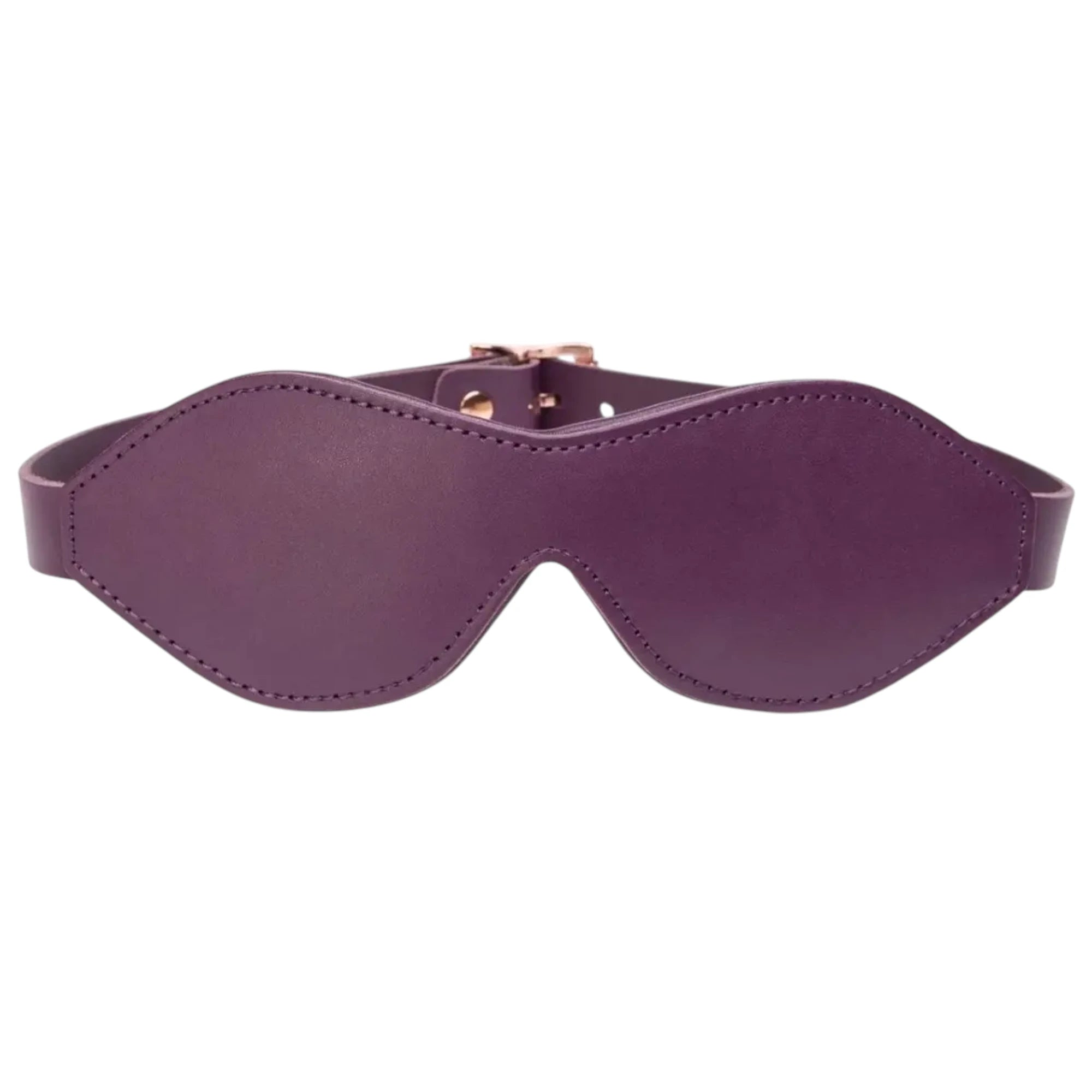 Fifty Shades Freed Cherished Collection leather blindfold in purple, shown front-on with stitched edging, a contoured eye shape and an adjustable strap with metal buckle hardware against a white background
