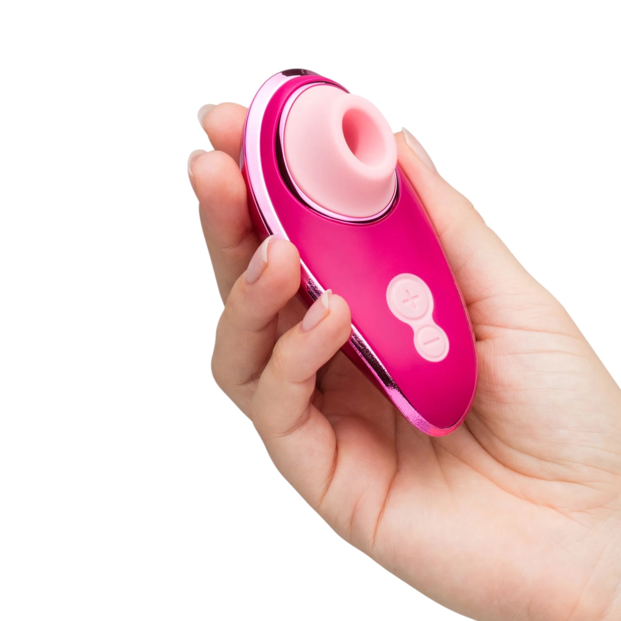 Womanizer Liberty 2 hot pink travel clitoral suction vibrator held in hand showing suction head and control buttons against white background