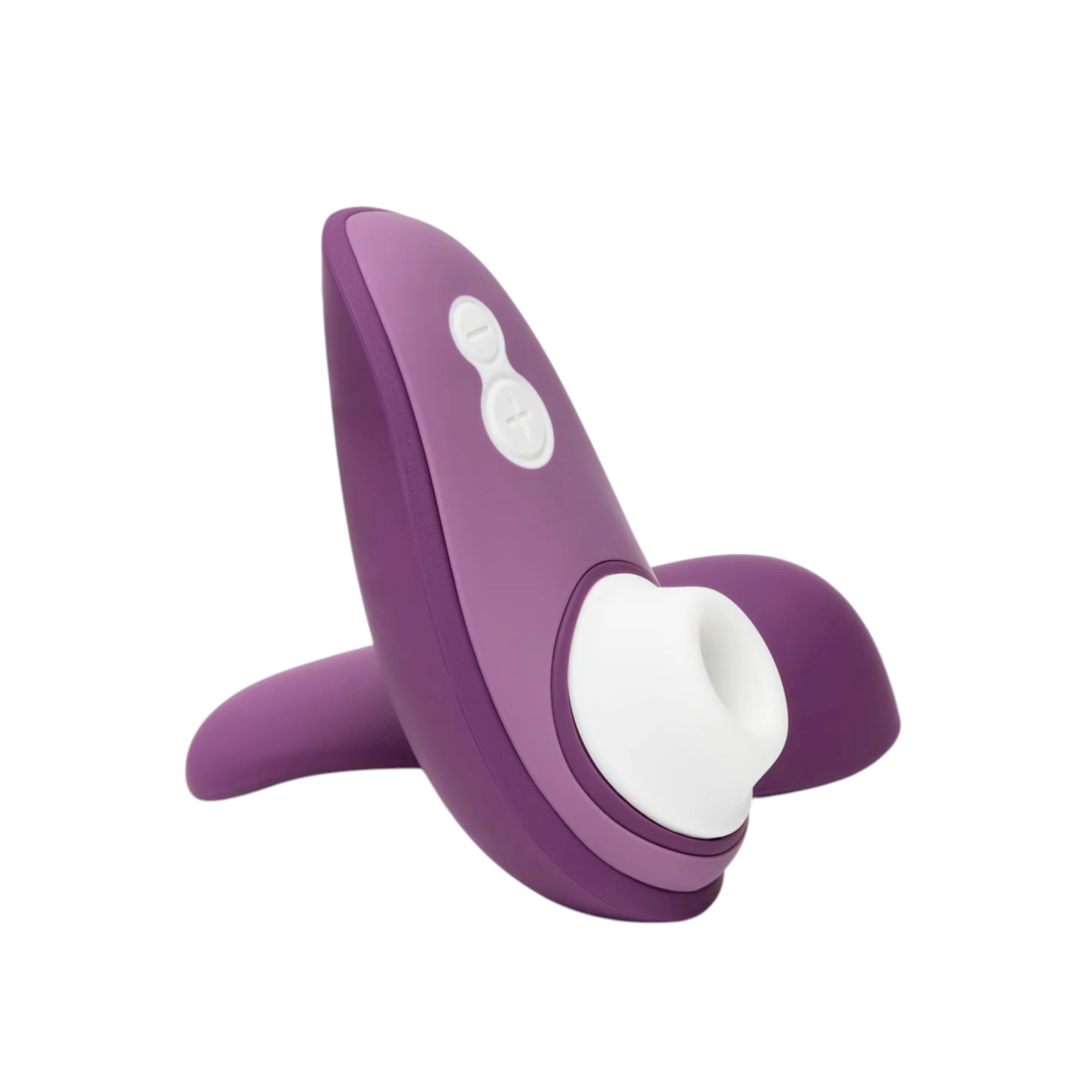 Womanizer Liberty 2 deep purple clitoral suction vibrator with charging stand against white background