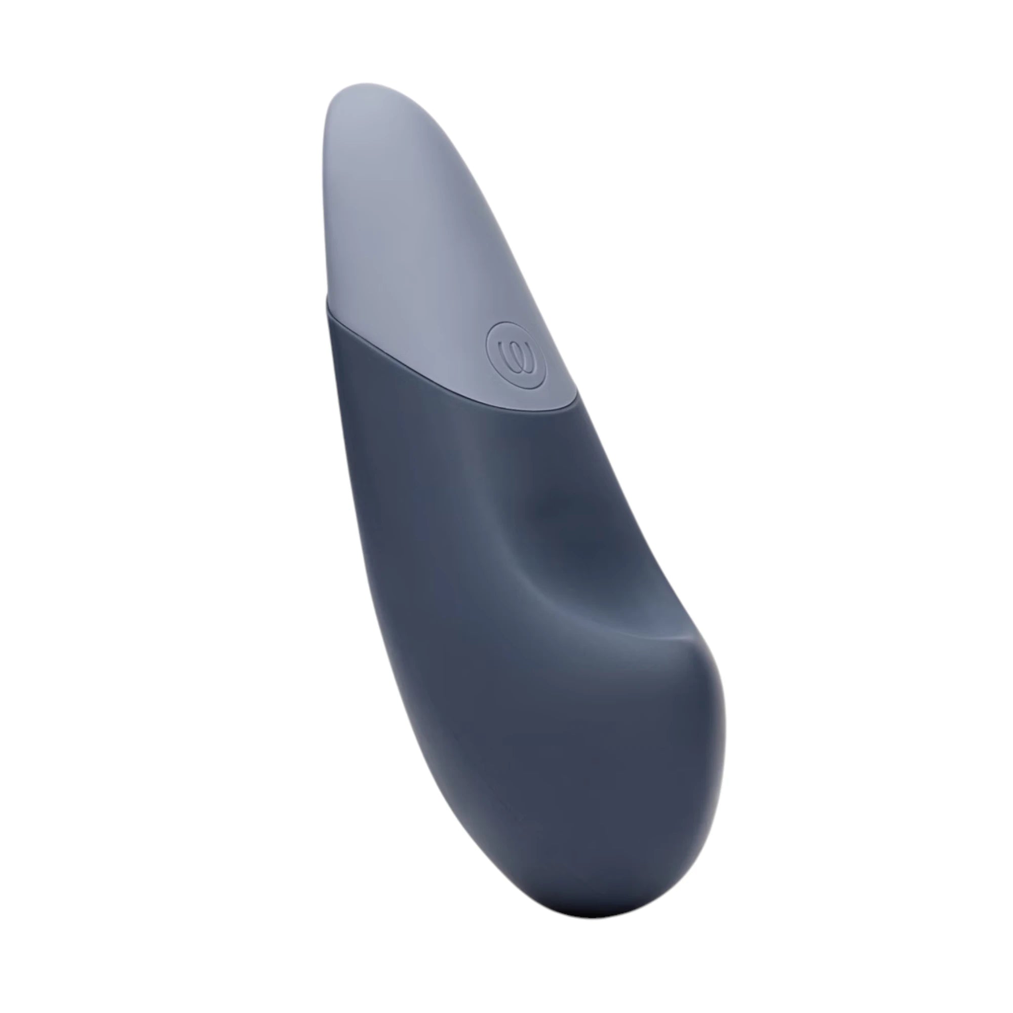 Womanizer Vibe rechargeable lay-on clitoral vibrator in blue, shown at an angled front view with a smooth curved body, lighter blue tip section and the Womanizer “W” logo on the upper panel against a white background