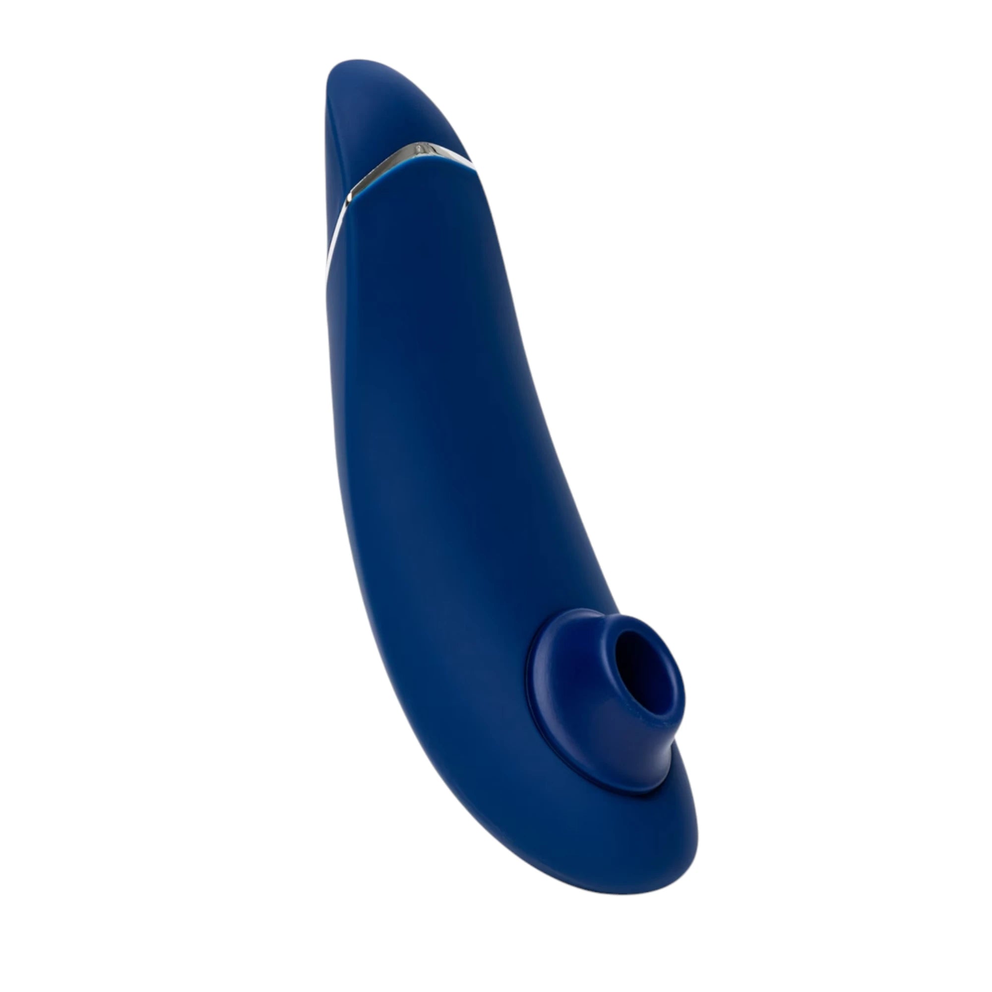 Womanizer Premium 2 navy blue clitoral suction vibrator with gold accent band against white background