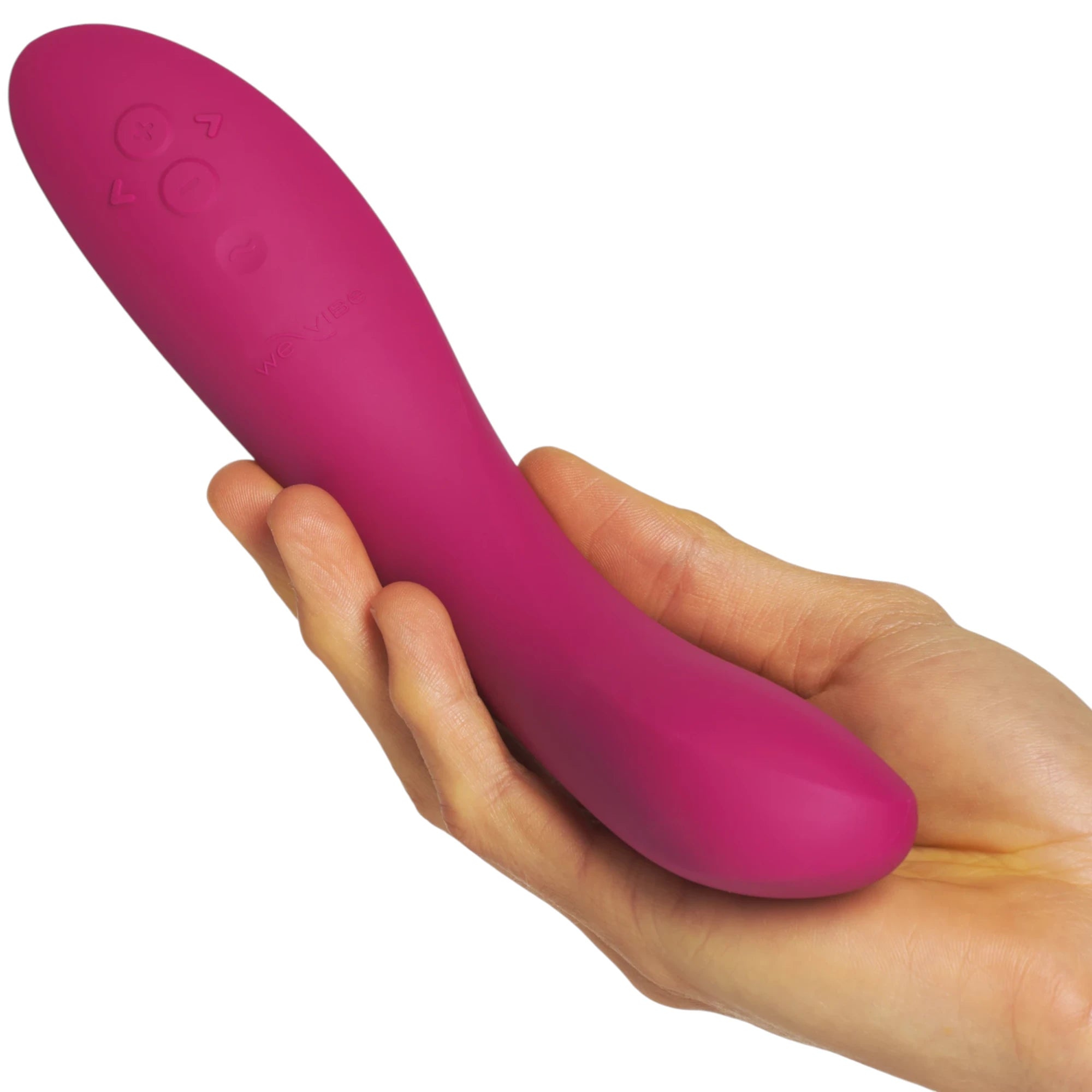 We-Vibe Rave 2 G-spot vibrator in magenta held in hand displaying curved tapered body, control buttons near top, and smooth silicone finish against white background
