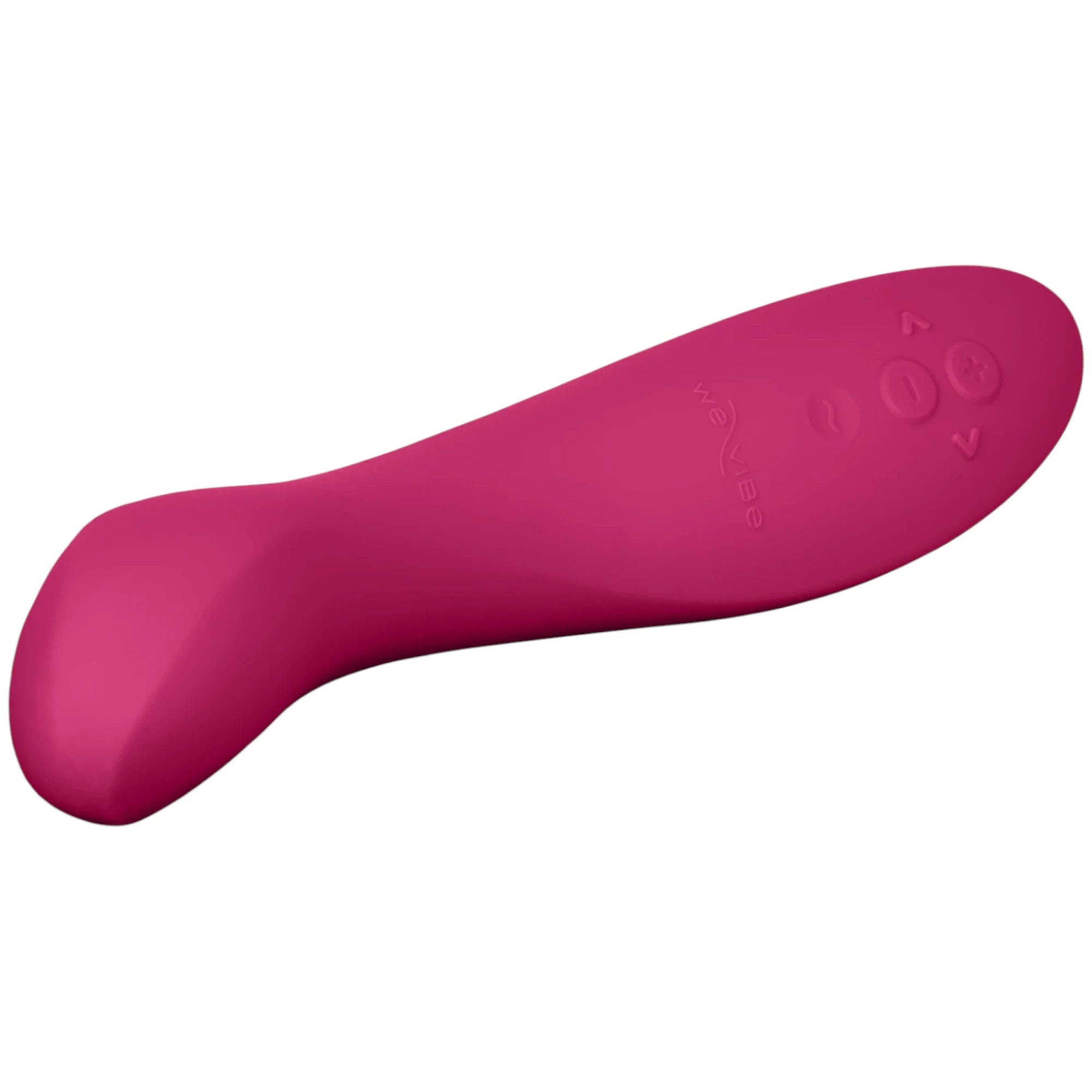 We-Vibe Rave 2 G-spot vibrator in magenta shown from angled side view displaying curved tapered body, rounded bulbous tip, We-Vibe branding, and smooth silicone finish against white background