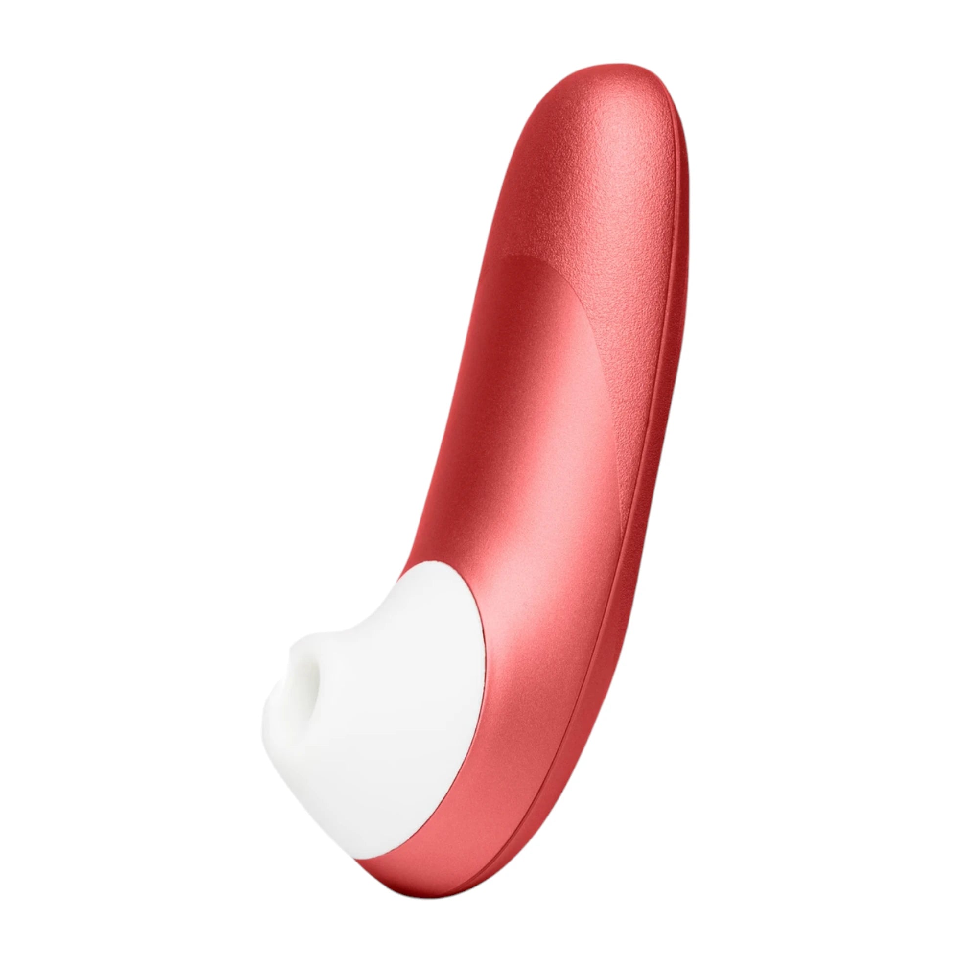 Womanizer Pro coral red clitoral suction vibrator with white silicone head held at angle against white background
