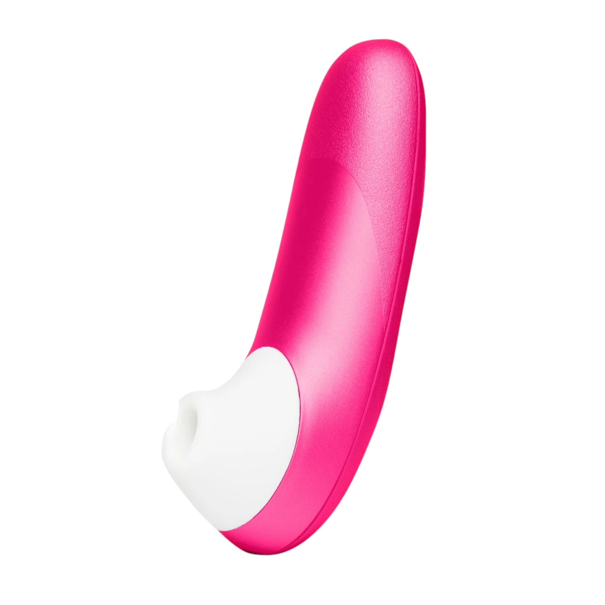 Womanizer Pro hot pink clitoral suction vibrator with white silicone head held at angle against white background