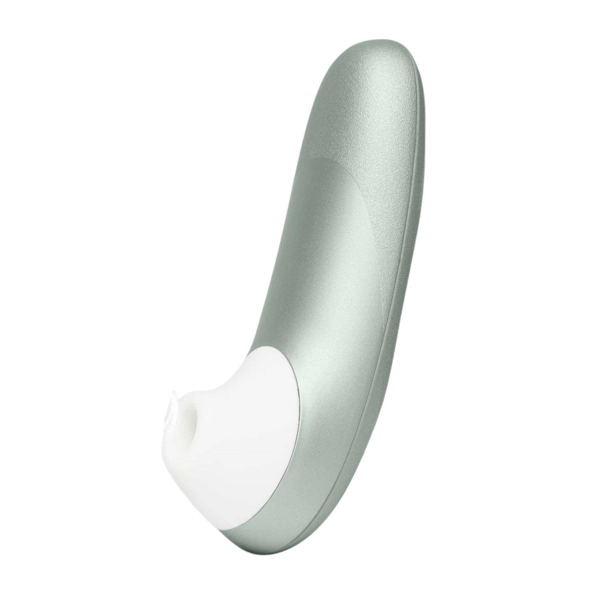 Womanizer Pro sage green clitoral suction vibrator with white silicone head held at angle against white background