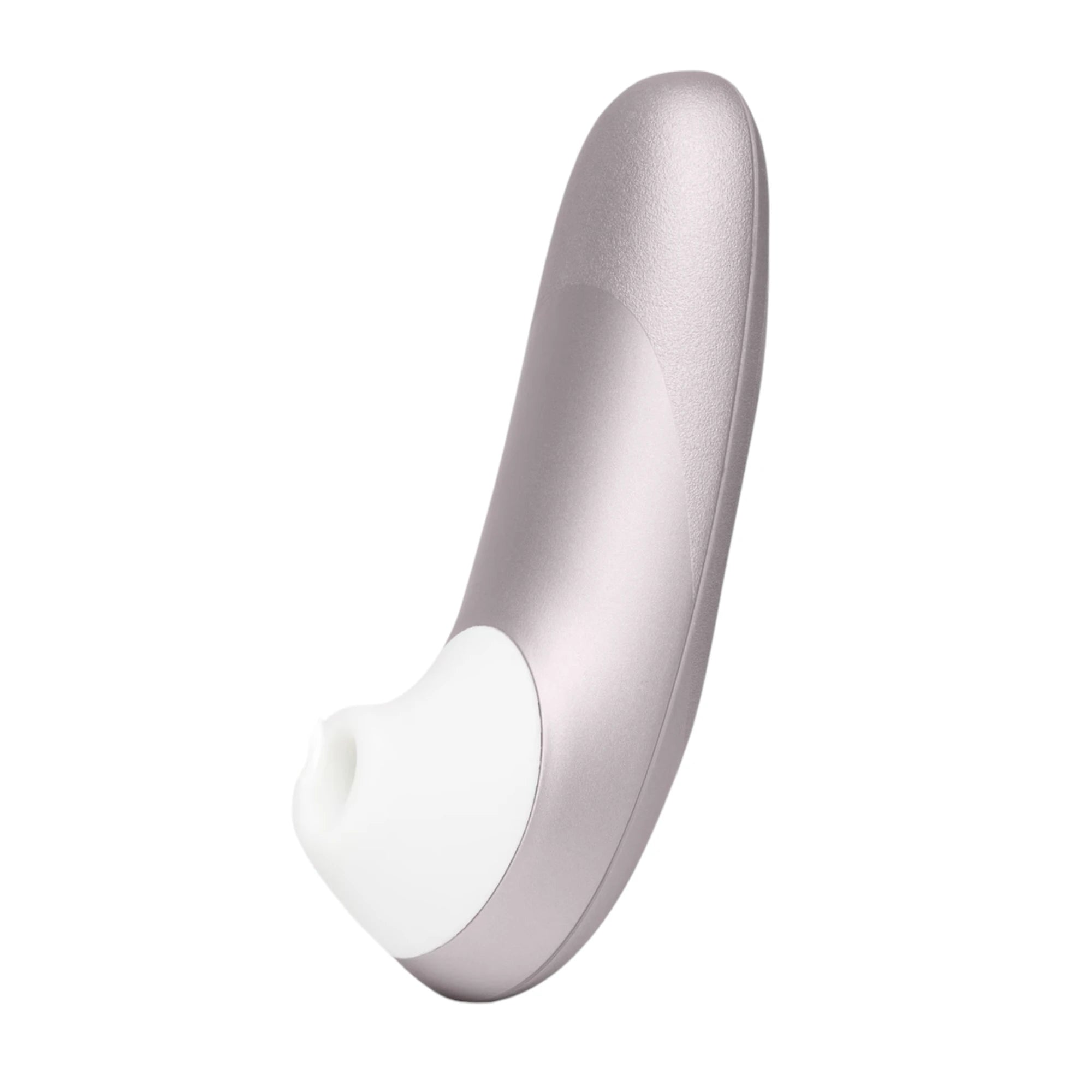 Womanizer Pro silver clitoral suction vibrator with white silicone head held at angle against white background