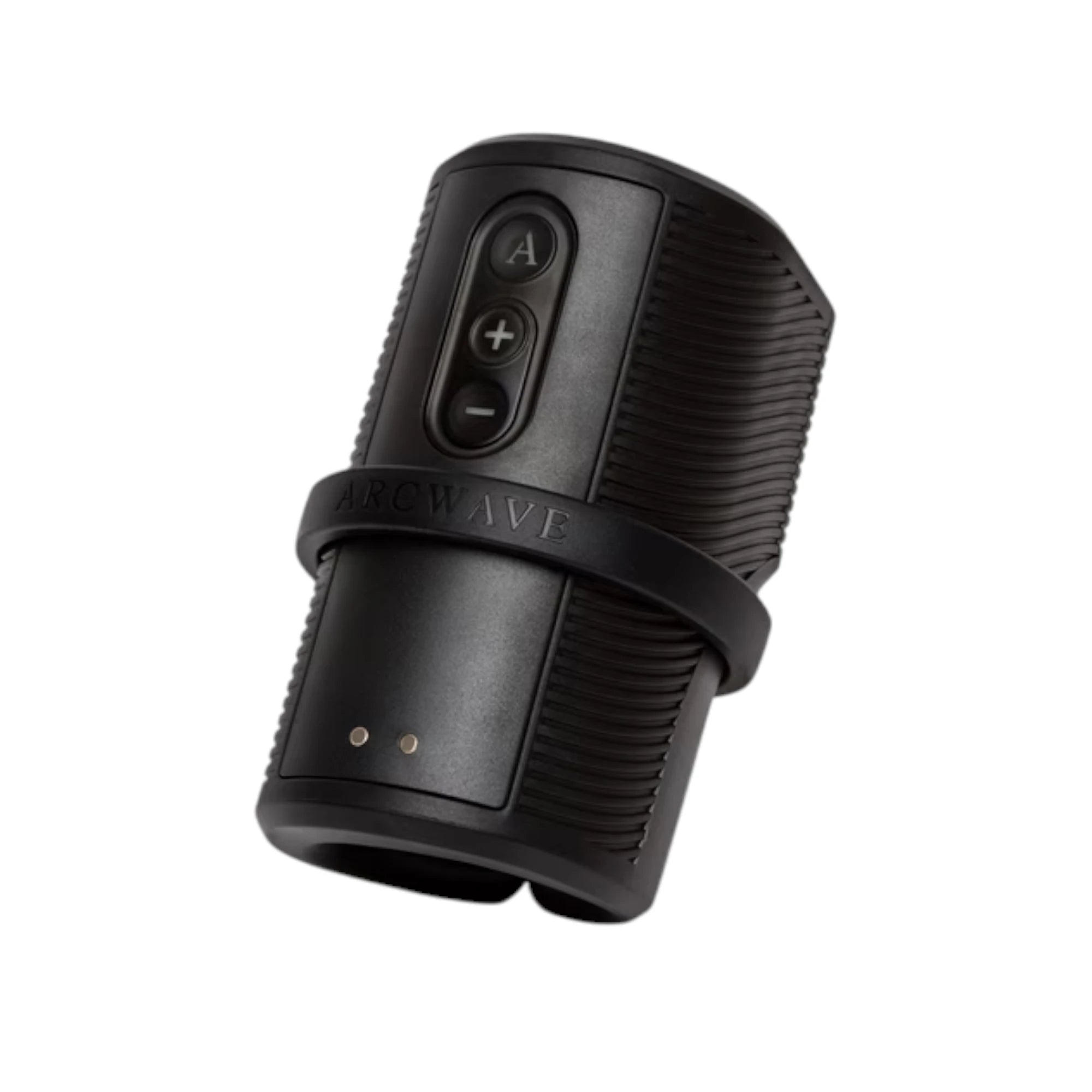 Arcwave Zing black vibrating male masturbator shown from front displaying control buttons with plus and minus symbols, textured grip section, Arcwave branding band, and charging contacts at base against white background