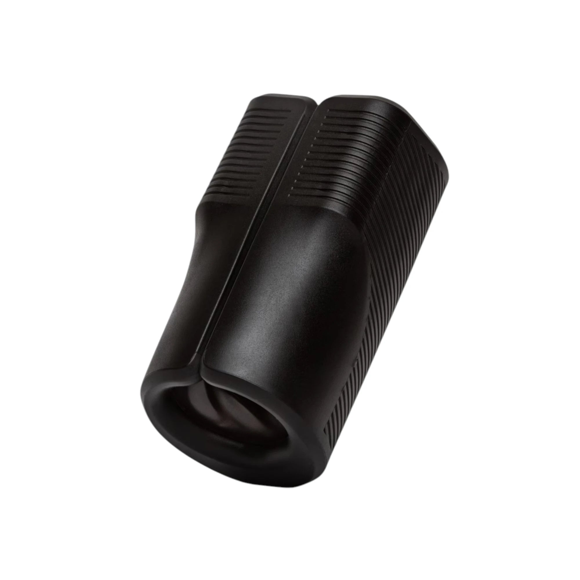 Arcwave Zing black vibrating male masturbator shown from side angle displaying dual-entrance design, textured grip panels, and open entrance against white background