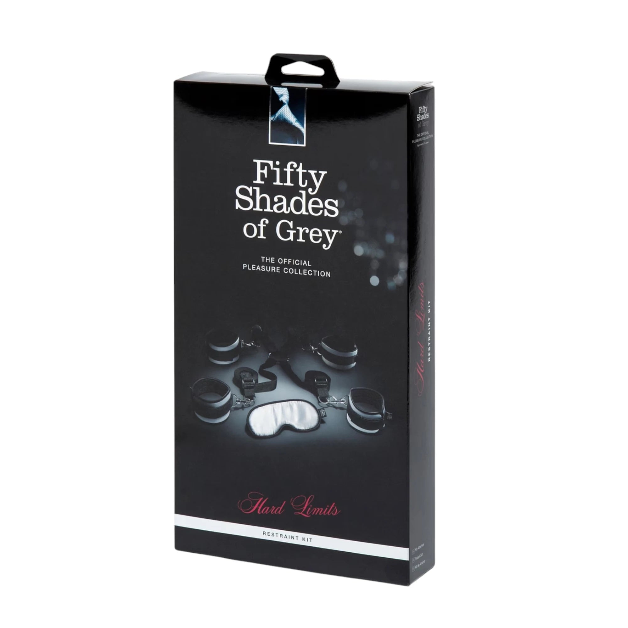 Fifty Shades of Grey Hard Limits restraint kit packaging box shown from front displaying Fifty Shades of Grey branding, 'The Official Pleasure Collection' text, product image of padded cuffs and eye mask, and 'Hard Limits' label against white background