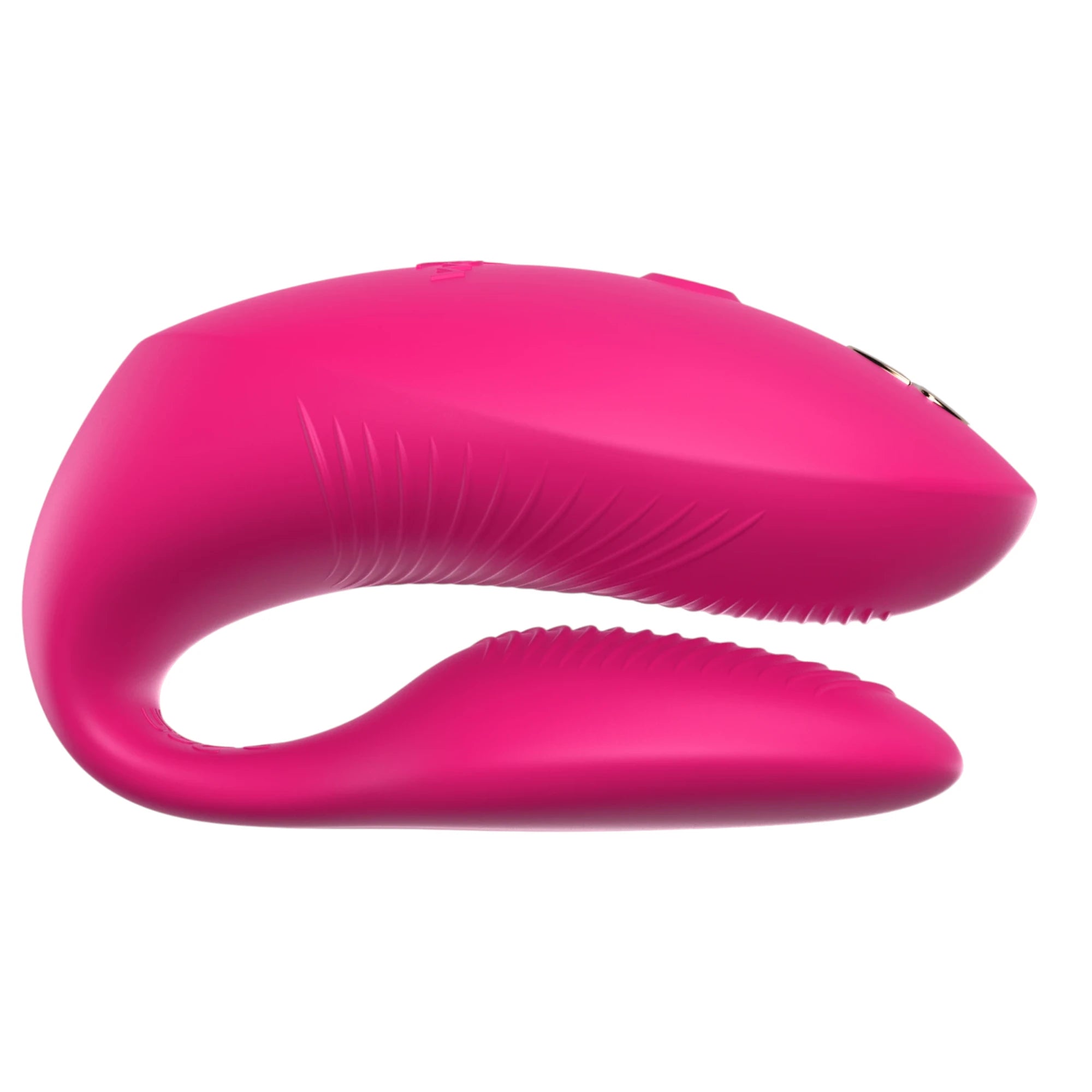 We-Vibe Chorus Pro couple vibrator in hot pink shown from above displaying dual curved bodies with textured ridges on upper arm, smooth silicone finish, and control buttons against white background