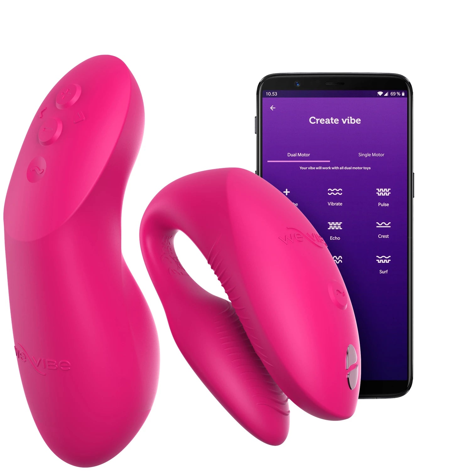 We-Vibe Chorus Pro couple vibrator in hot pink shown from front displaying dual curved bodies with external stimulator arm, control buttons, We-Vibe branding, and smooth silicone finish, displayed alongside smartphone showing We-Vibe app interface with 'Create vibe' program and vibration pattern options against white background