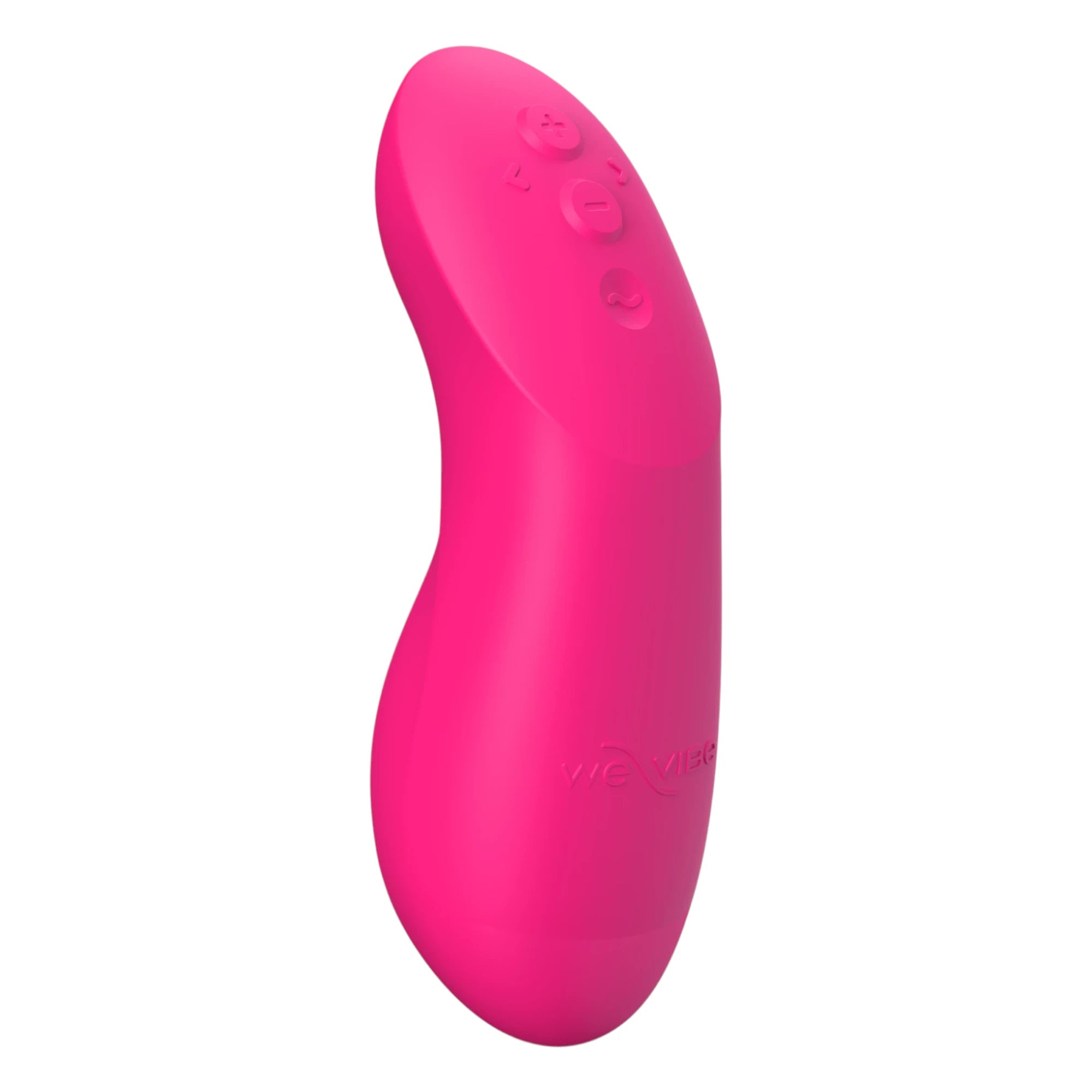 We-Vibe Chorus Pro couple vibrator in hot pink shown from side displaying curved body, control buttons near top, We-Vibe branding, and smooth silicone finish against white background