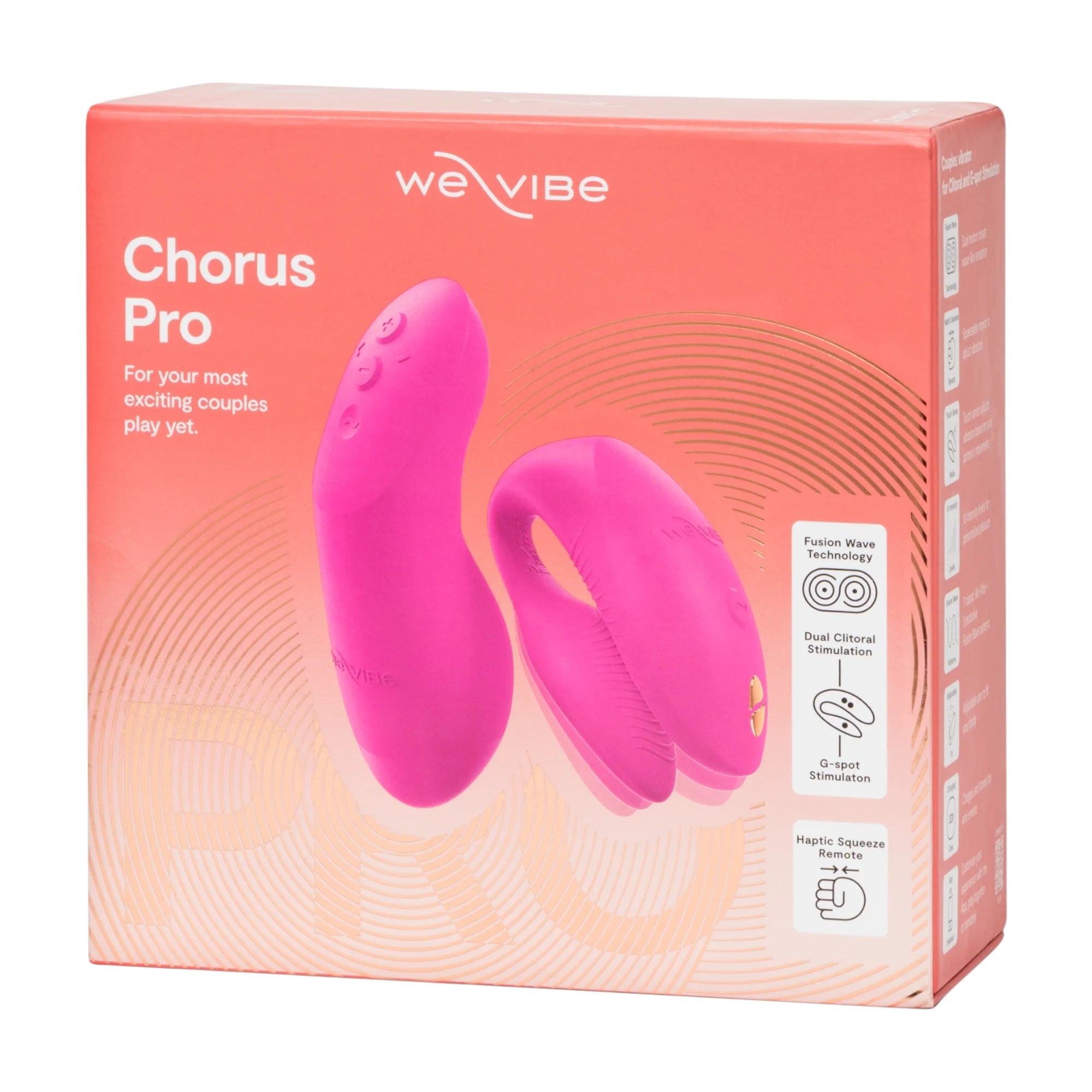 We-Vibe Chorus Pro couple vibrator packaging box shown from front displaying product image in hot pink, 'Chorus Pro' title, We-Vibe branding, tagline 'For your most exciting couples play yet', feature icons for Fusion Wave Technology, Dual Clitoral Stimulation, G-spot Stimulator, and Haptic Squeeze Remote, coral and peach gradient design with concentric circle pattern against white background