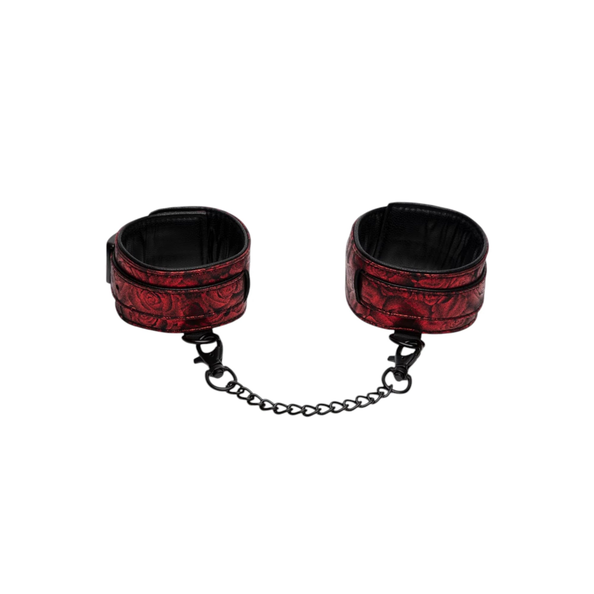 Fifty Shades of Grey Sweet Anticipation wrist cuffs shown from front displaying burgundy damask patterned cuffs with black interior lining, metal chain connector, and adjustable straps against white background