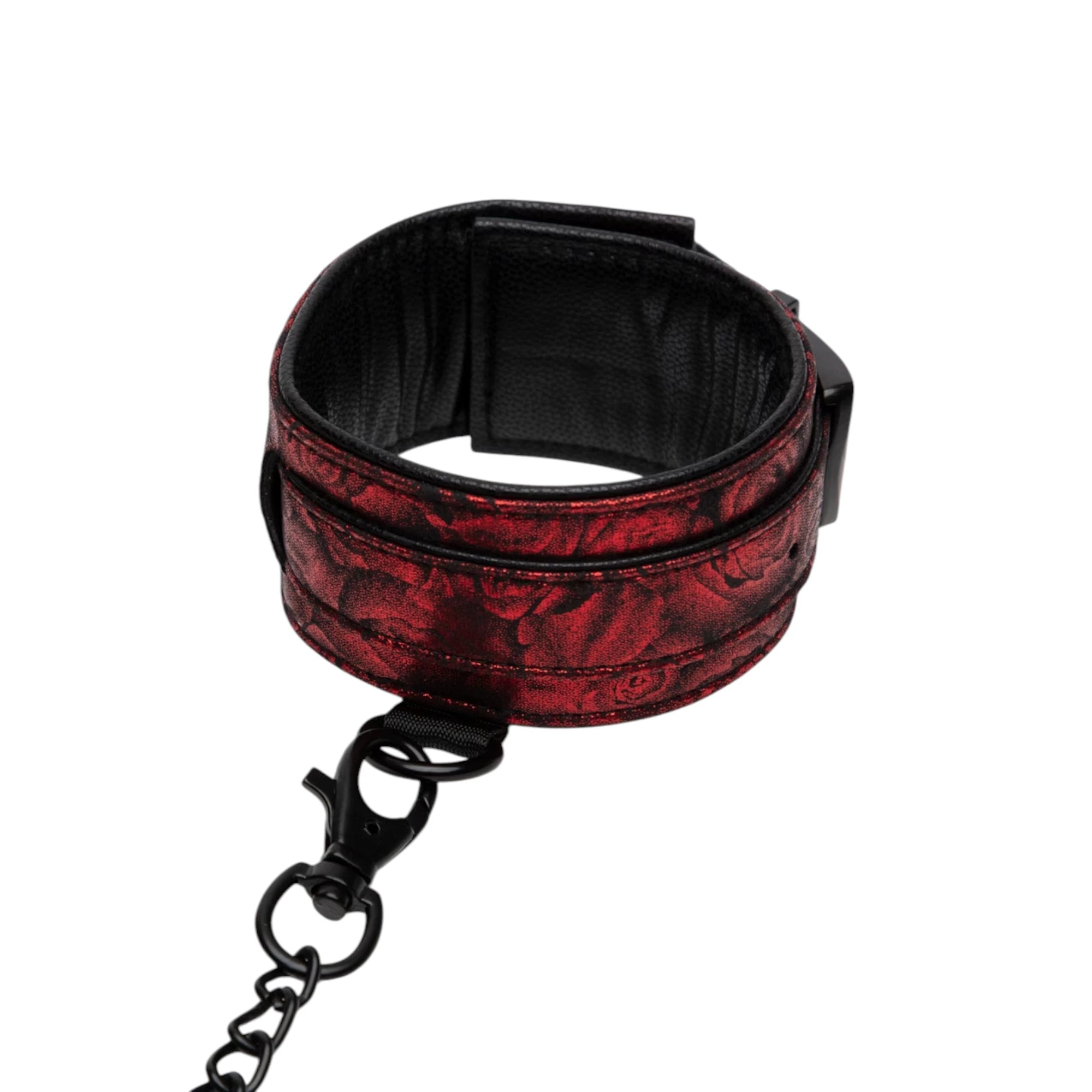 Fifty Shades of Grey Sweet Anticipation collar shown from front displaying burgundy damask patterned fabric with black interior lining, adjustable strap, and black metal chain leash attachment against white background