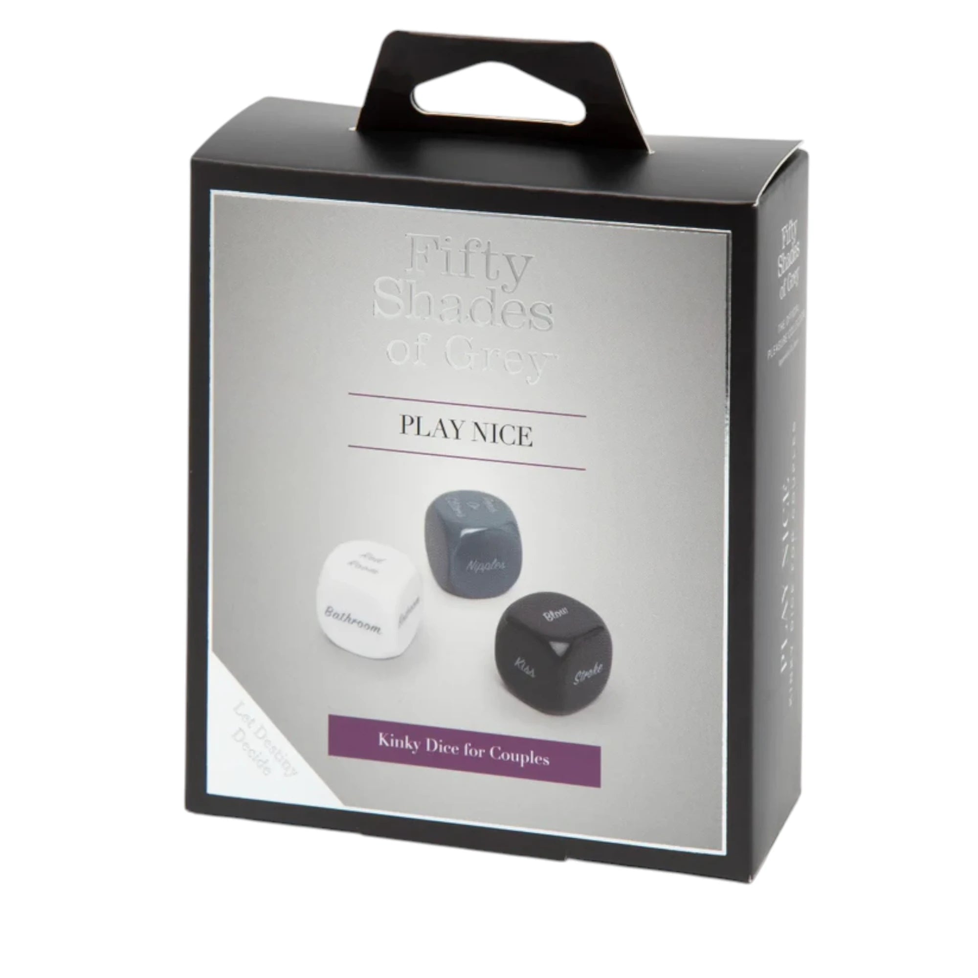 Fifty Shades of Grey Play Nice kinky dice for couples packaging box shown from front displaying Fifty Shades of Grey branding, 'Play Nice' label, product image of white and black role play dice with text options, black carry handle, and 'Kinky Dice for Couples' text against white background