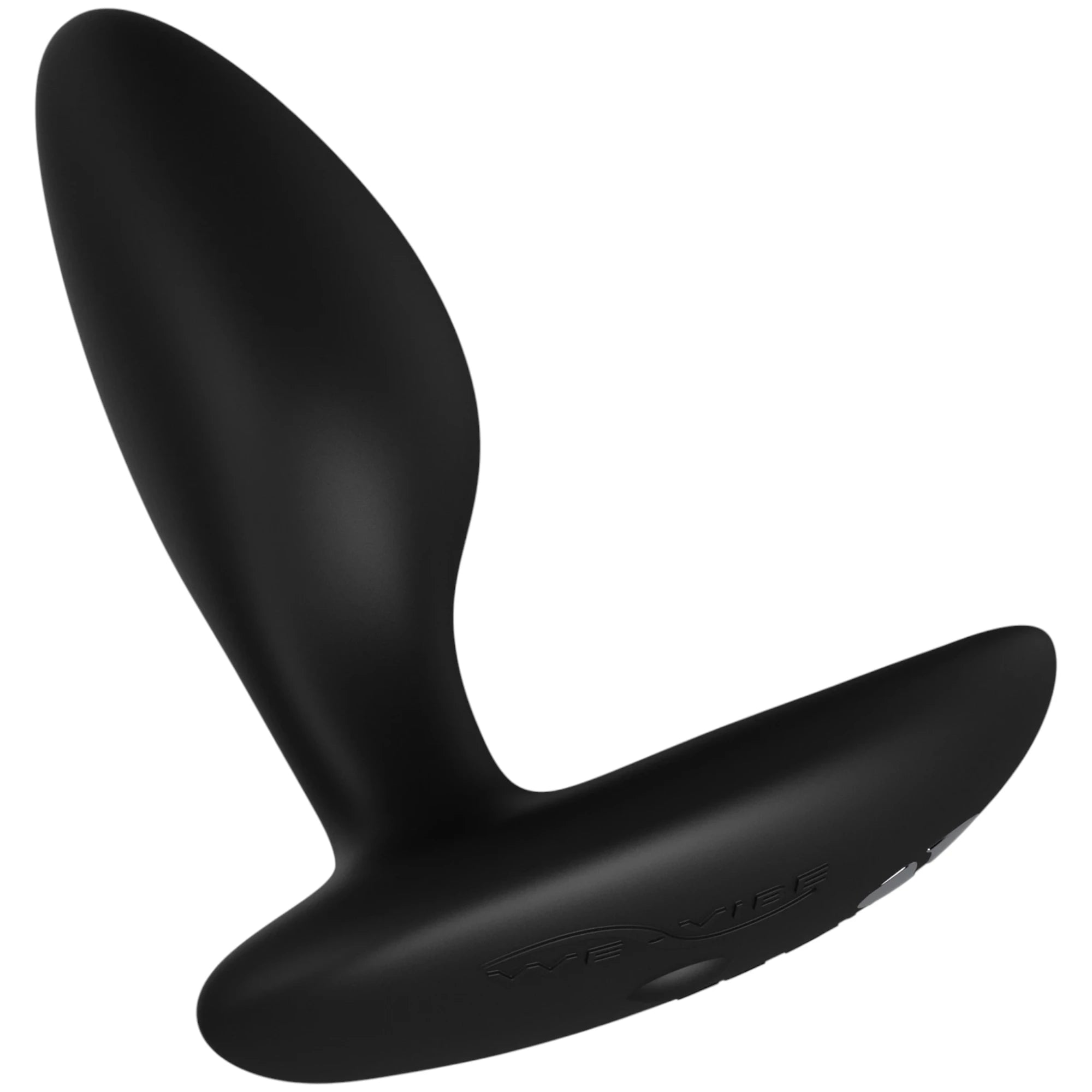 We-Vibe Ditto+ black vibrating butt plug shown from side profile against white background