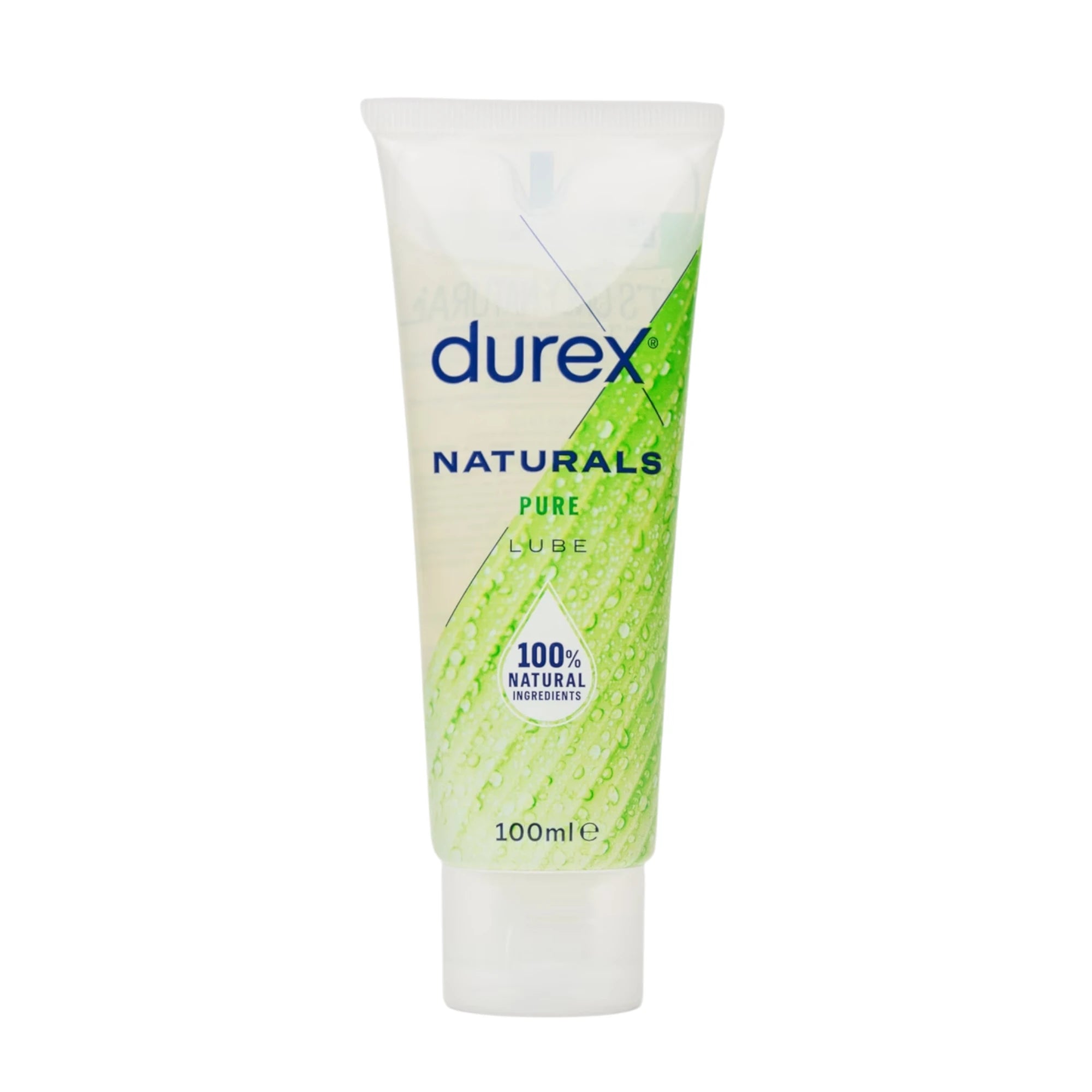 Durex Naturals Pure Lube water-based lubricant 100ml tube shown from front displaying clear gel formula, white flip-top cap, Durex branding, 'Naturals Pure Lube' label, '100% Natural Ingredients' badge, and green leaf texture design against white background