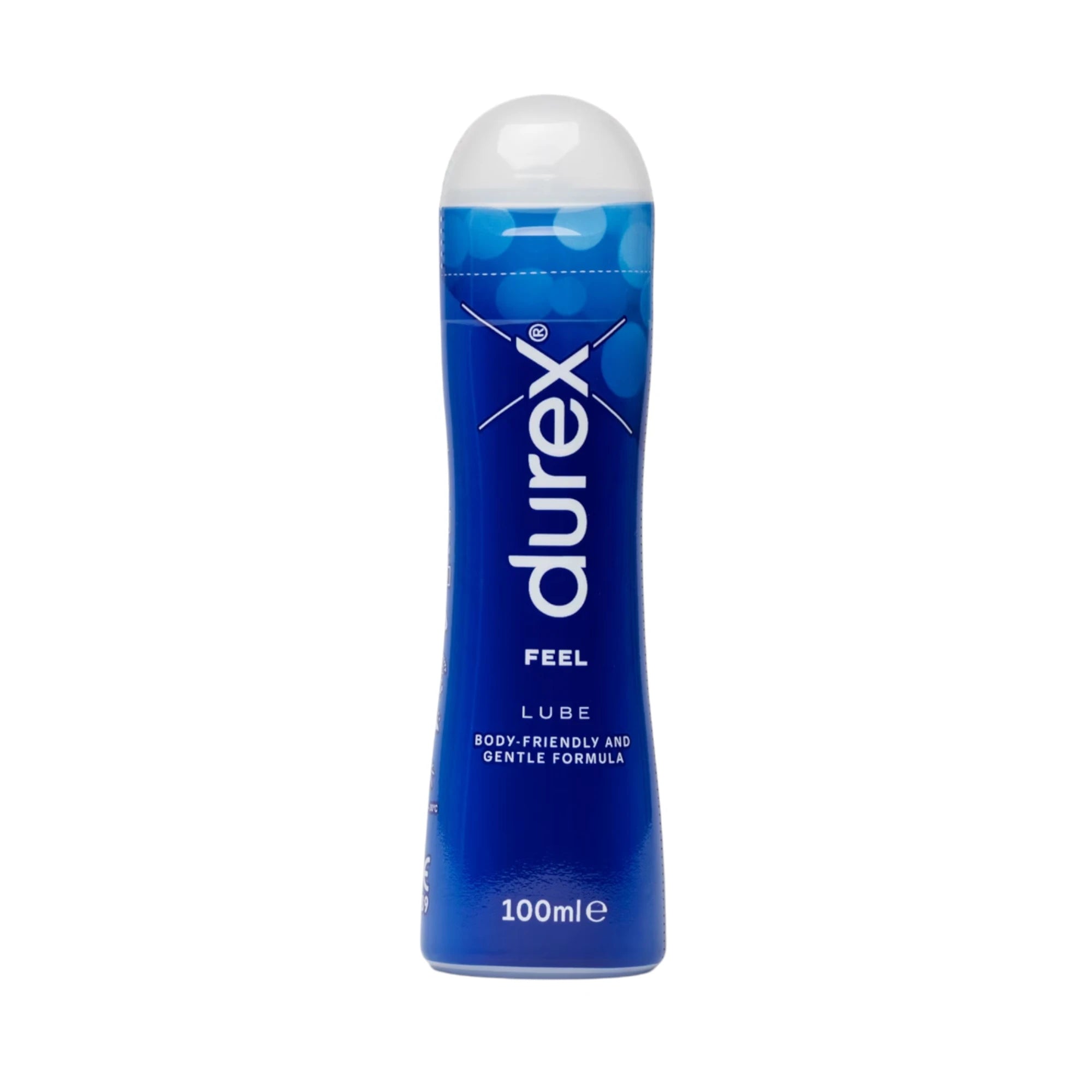 Durex Play Feel water-based lubricant 100ml bottle shown from front displaying white flip-top cap, deep blue gel formula, Durex branding, 'Feel Lube' label, 'Body-Friendly and Gentle Formula' text, and gradient blue design against white background