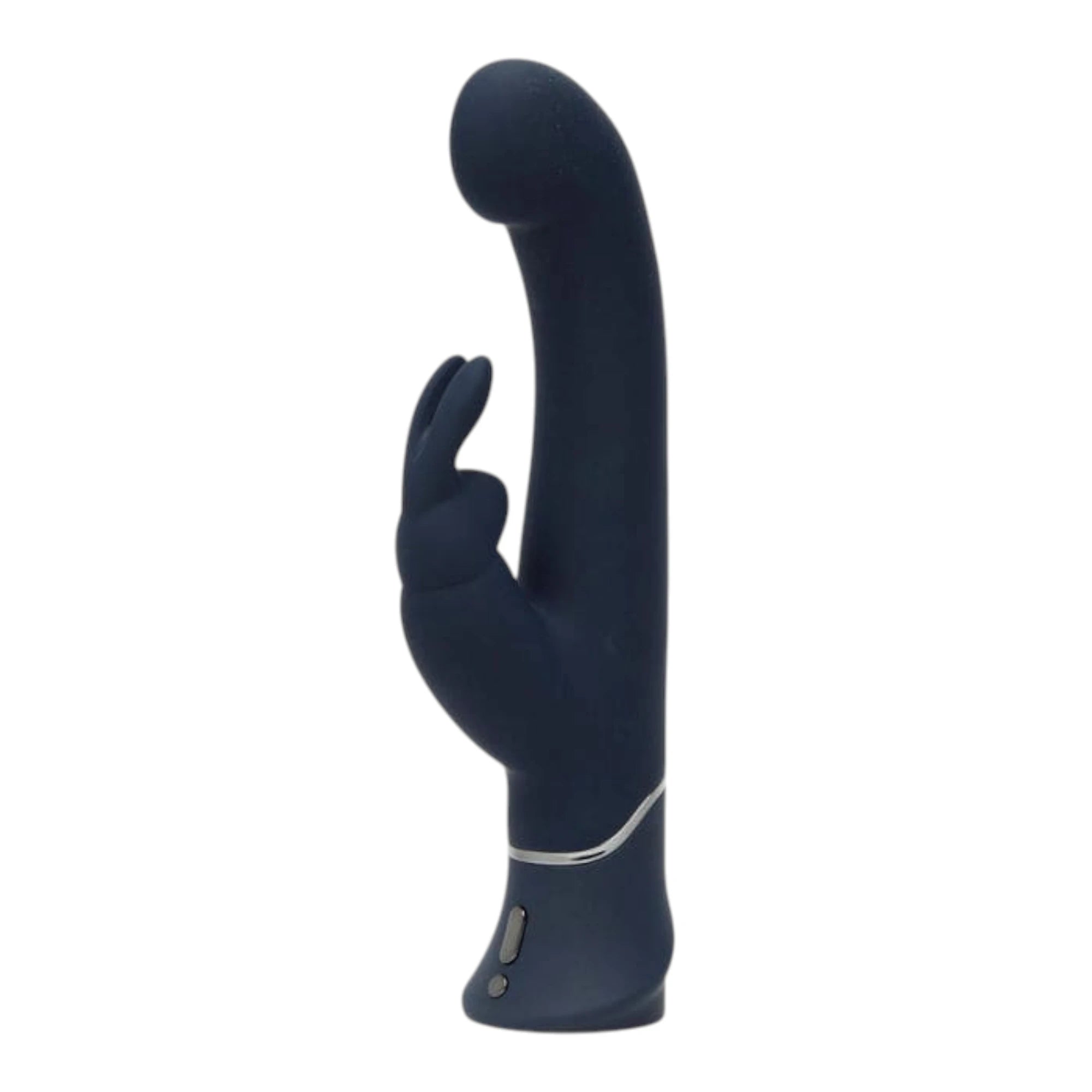 Fifty Shades of Grey Greedy Girl G-spot dual density rabbit vibrator in black shown from side displaying curved shaft, external rabbit ear stimulator, silver accent band, and control buttons at base against white background