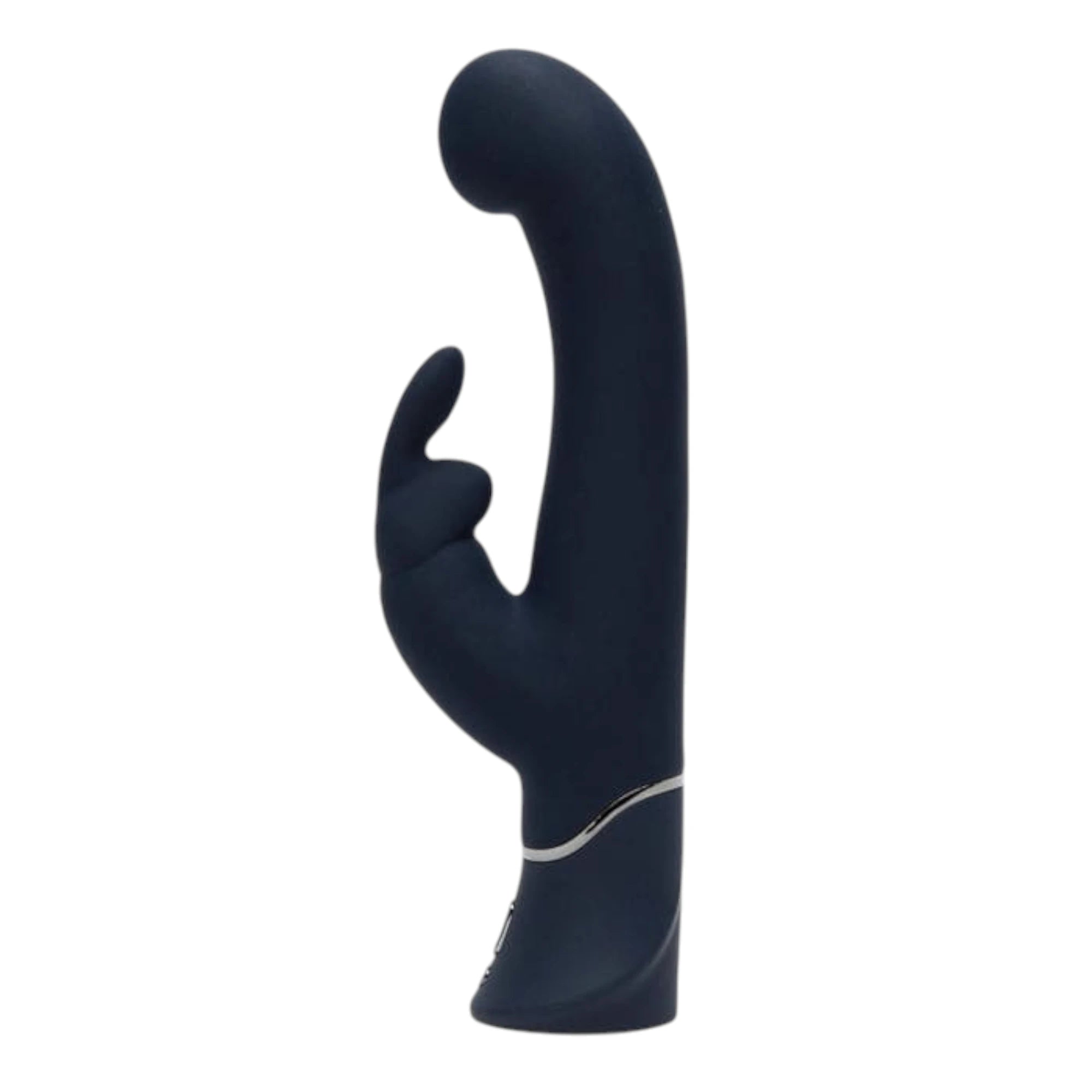 Fifty Shades of Grey Greedy Girl G-spot dual density rabbit vibrator in black shown from side displaying curved shaft, external rabbit ear stimulator, silver accent band, and smooth silicone finish against white background