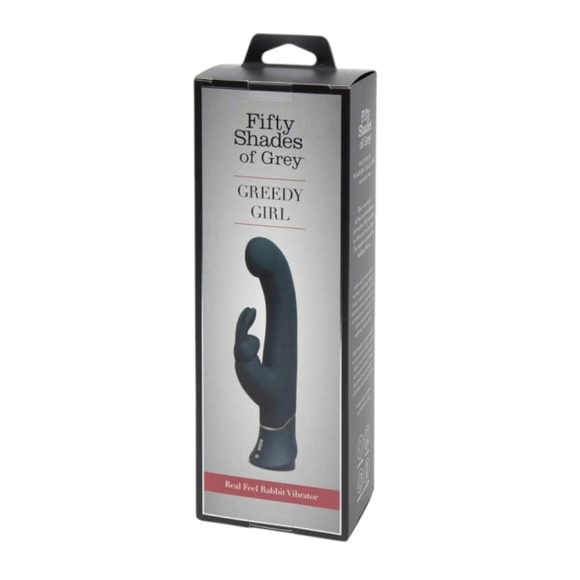 Fifty Shades of Grey Greedy Girl G-spot dual density rabbit vibrator packaging box shown from front displaying Fifty Shades of Grey branding, 'Greedy Girl' label, product image of black rabbit vibrator, 'Real Feel Rabbit Vibrator' text, black carry handle, and silver and grey packaging design against white background