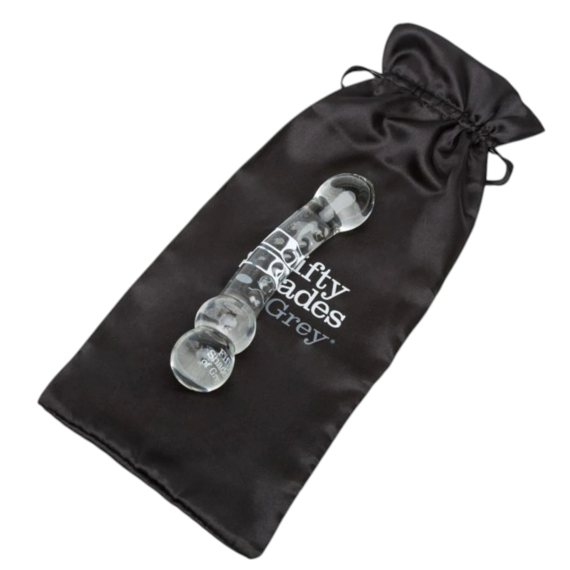 Fifty Shades of Grey Drive Me Crazy clear glass massage wand displayed inside black satin storage pouch with drawstring closure, showing product image and 'Fifty Shades of Grey' branding on pouch against white background