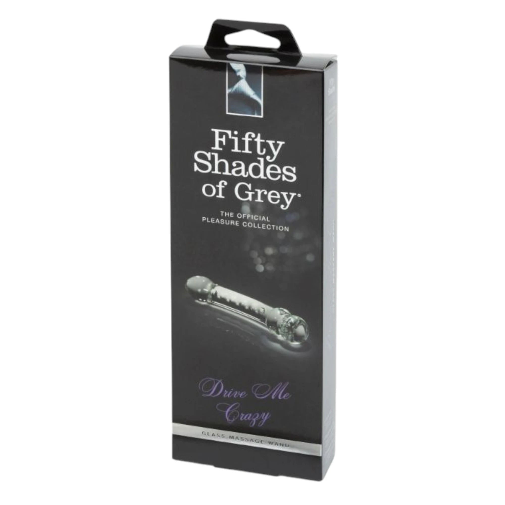 Fifty Shades of Grey Drive Me Crazy packaging box shown from front displaying black design with carrying handle, 'Fifty Shades of Grey The Official Pleasure Collection' text, product image of clear glass massage wand, 'Drive Me Crazy' product name, 'Glass Massage Wand' descriptor, and elegant branding against white background