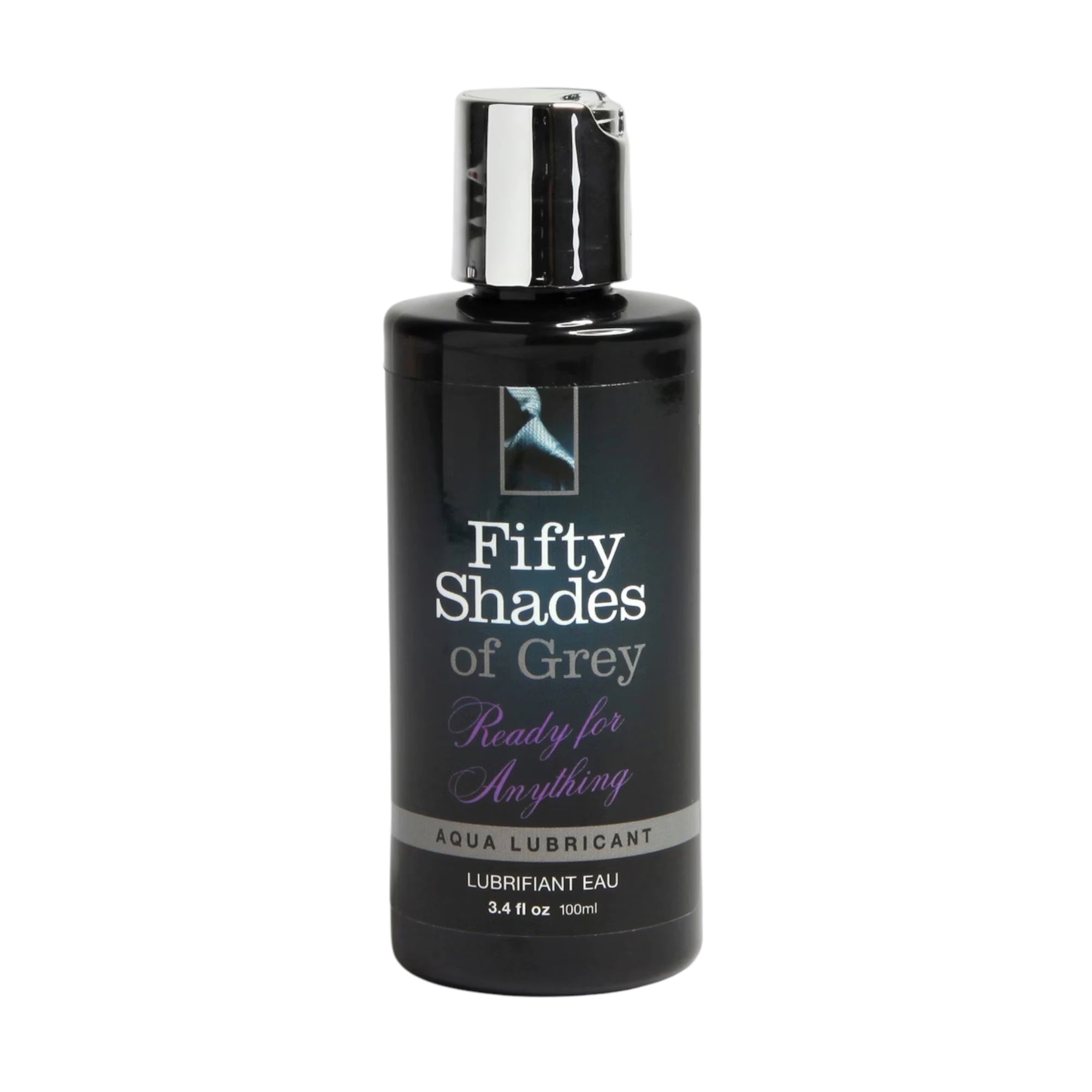 Fifty Shades of Grey Ready for Anything aqua lubricant 100ml bottle shown from front displaying chrome flip-top cap, black liquid formula, Fifty Shades of Grey branding, 'Ready for Anything' label, 'Aqua Lubricant' text, and grey feather logo against white background