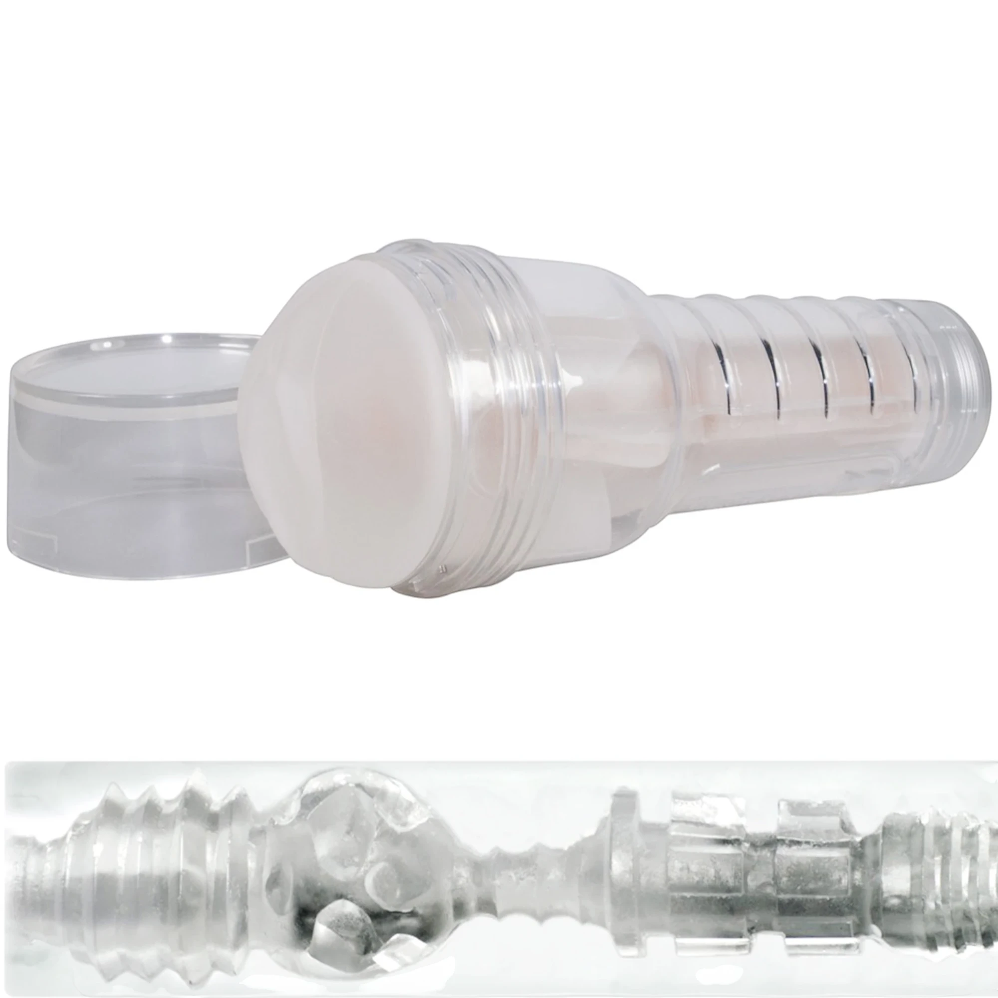 Fleshlight Ice Lady Crystal male masturbator shown with clear case displaying transparent TPE sleeve, ribbed casing, removable cap, and detailed interior texture pattern against white background