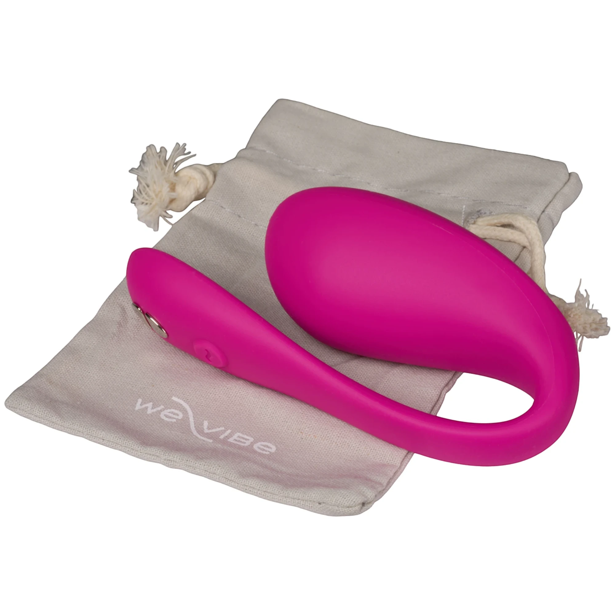 We-Vibe Jive 2 hot pink wearable love egg vibrator with cream cotton storage pouch against white background