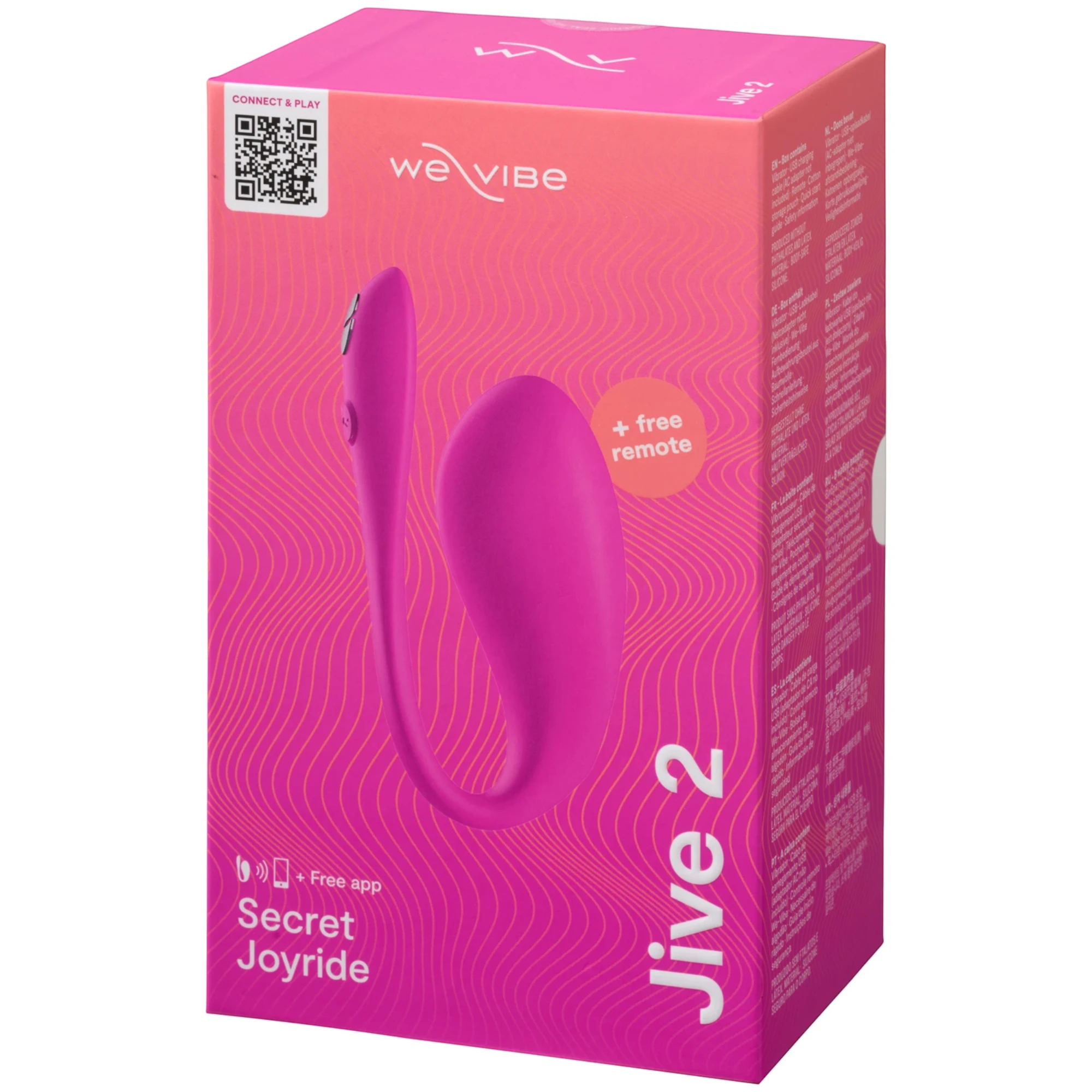 We-Vibe Jive 2 packaging box in pink and magenta with product image, QR code, and "Secret Joyride" tagline against white background