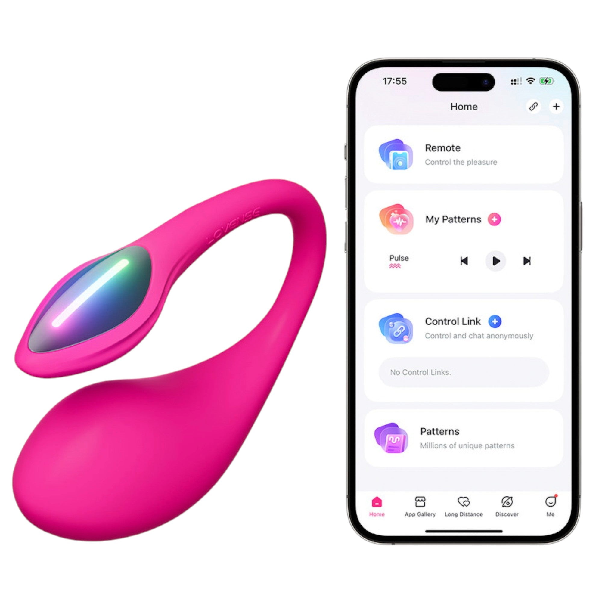 Lovense Lush 4 app-controlled vibrating egg in hot pink shown from front with smartphone displaying Lovense app interface showing Remote control, My Patterns with Pulse pattern, Control Link, and Patterns features with navigation menu at bottom against white background